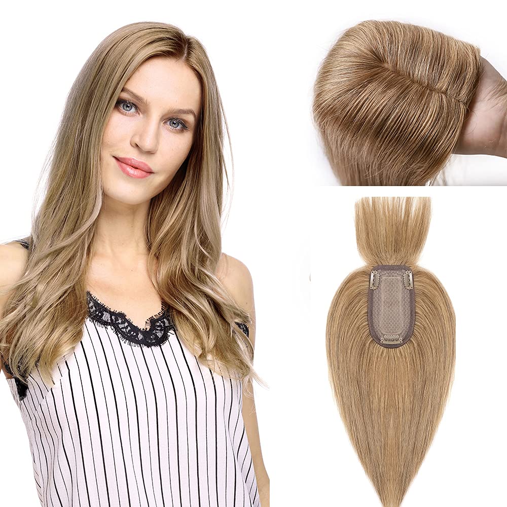 MY-LADY 150% Density Human Hair Toppers With Bangs - 16 Inch Dark Blonde Silk Base Clip-in Hairpiece for Women with Thinning Hair & Hair Loss | Natural Look for Daily Wear, Parties & Special Occasions