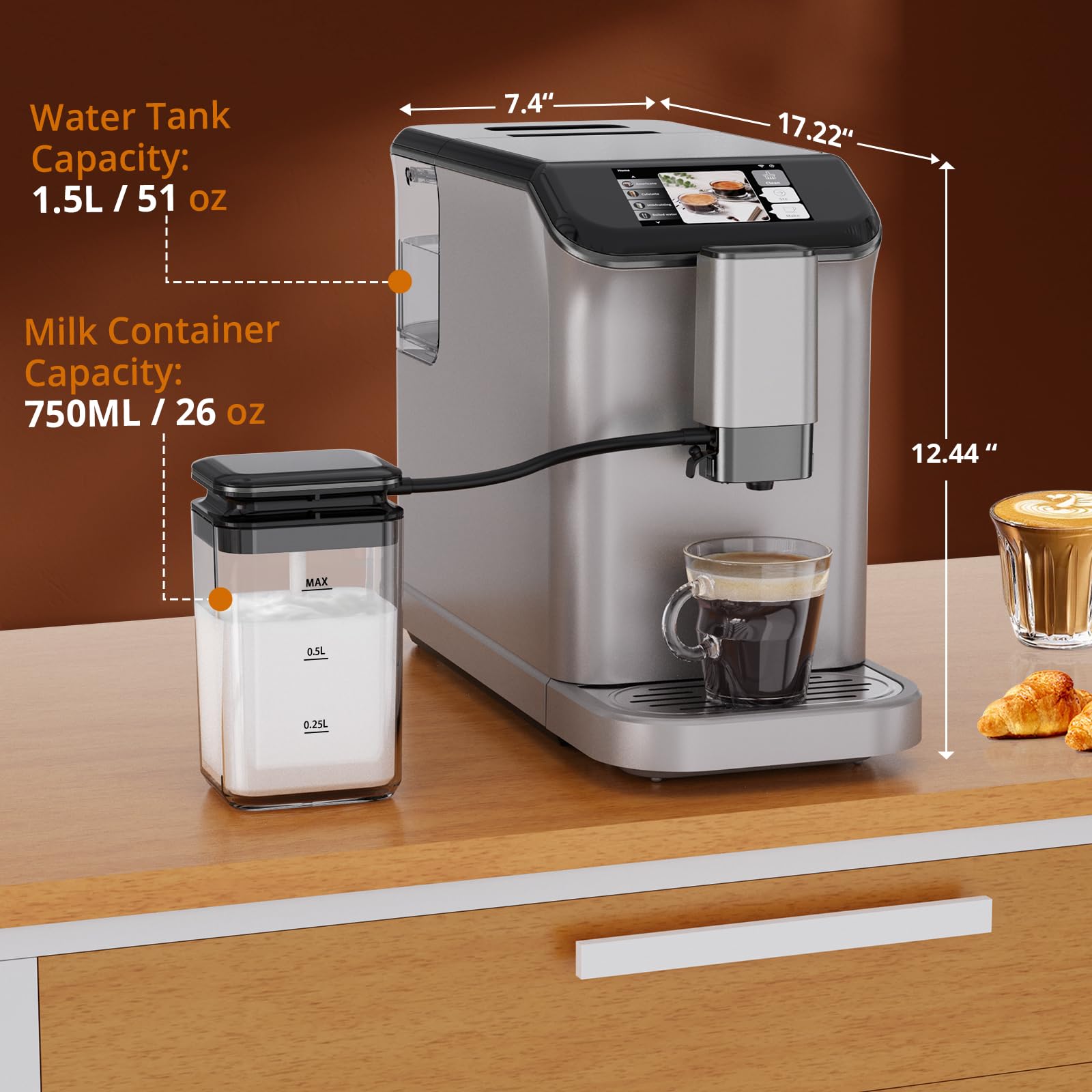 Fully Automatic Espresso Machine with Built-in Grinder & Milk Frother - 1.5L Water Tank, Touch Display for Latte, Cappuccino, Iced Coffee - Perfect for Home & Office Use