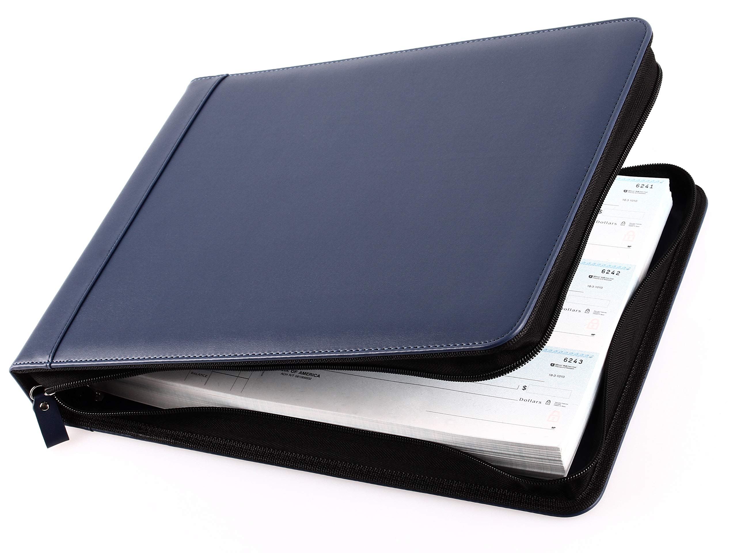 2Fold Zippered Business Checkbook - 7 Ring Binder for Checks with Built-in Organizer & Business Card Holder - PU Leather Portfolio for 600 3-Up Checks (Blue) - Perfect for Accountants, Small Business Owners & Office Professionals