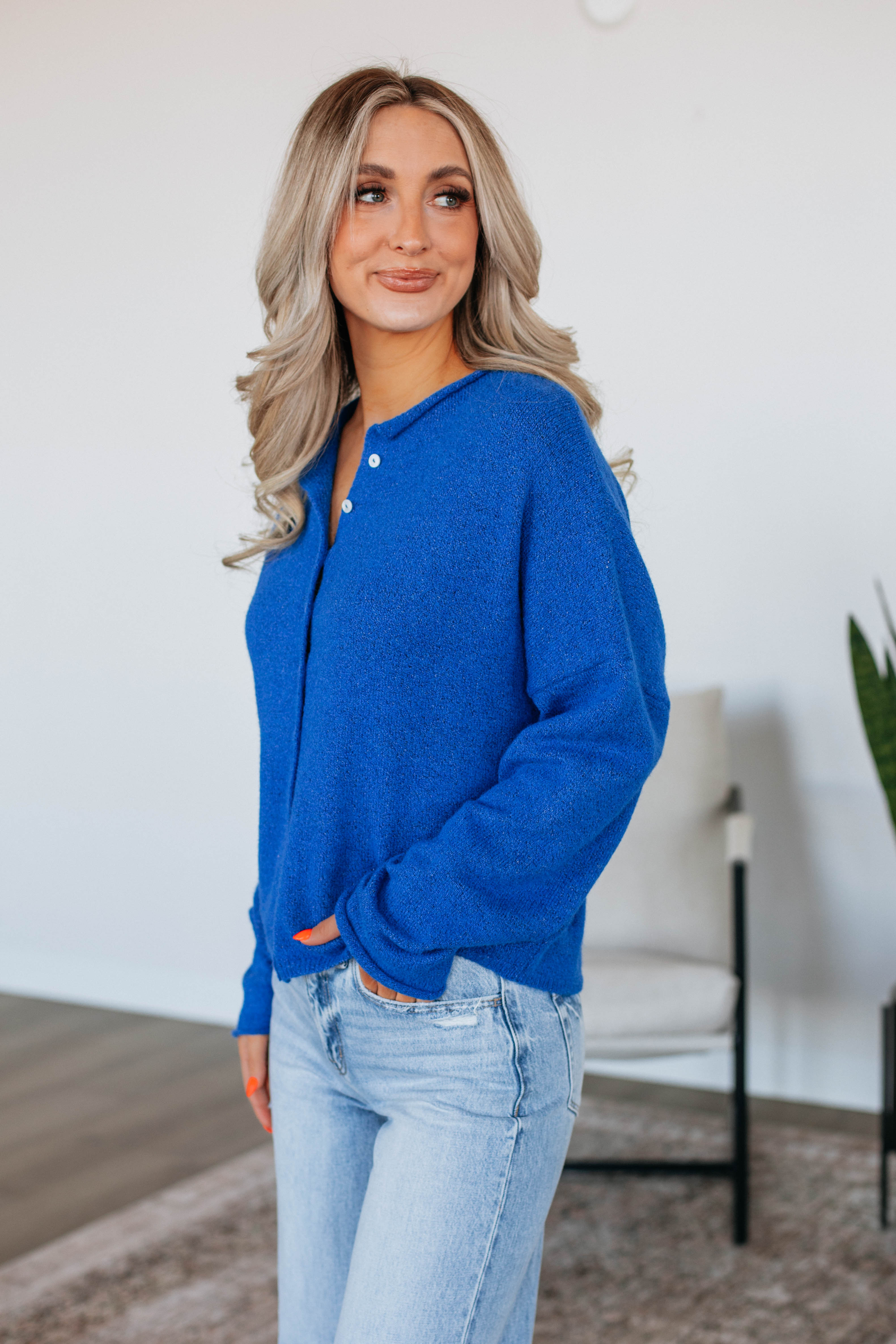 Brooke Cardigan Women's Cobalt Blue Knit Sweater - Perfect for Fall Layering & Casual Office Wear