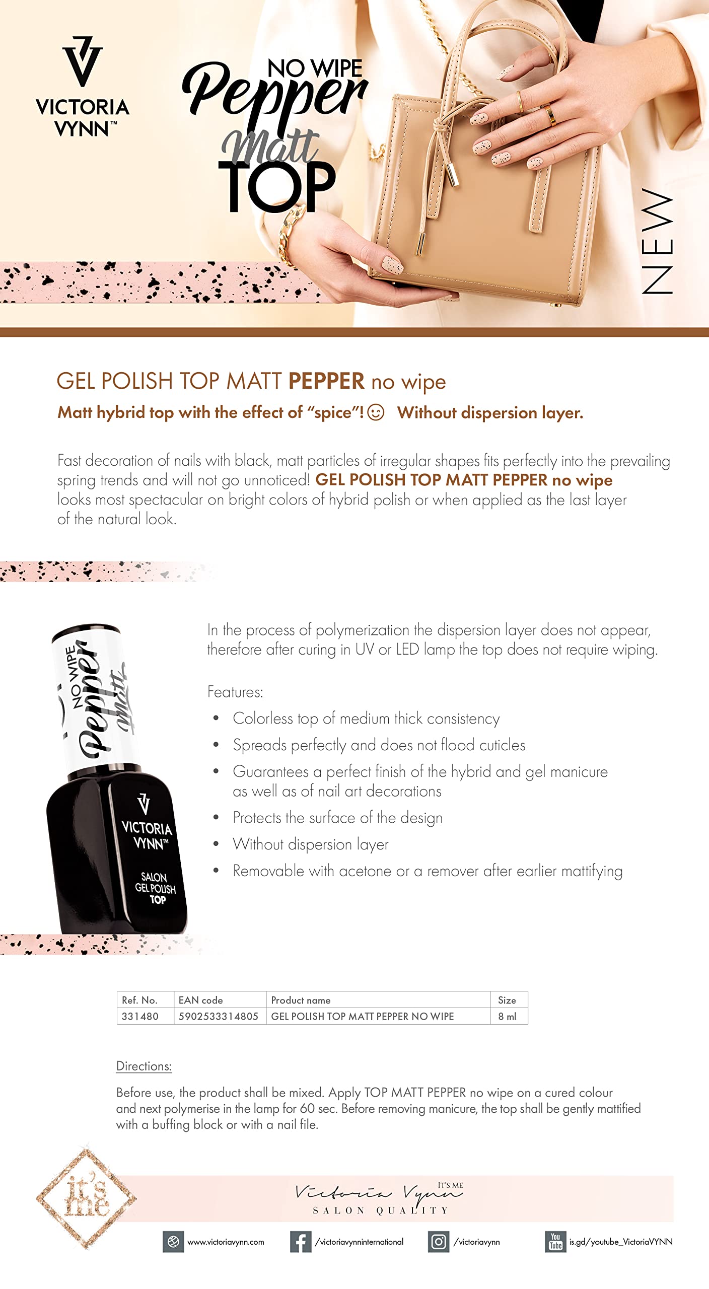 Victoria Vynn GEL POLISH Top Matt Pepper No Wipe UV LED Gel Polish - 8ml Matte Finish for Long-Lasting Nails | Perfect for Salon & Home Manicures