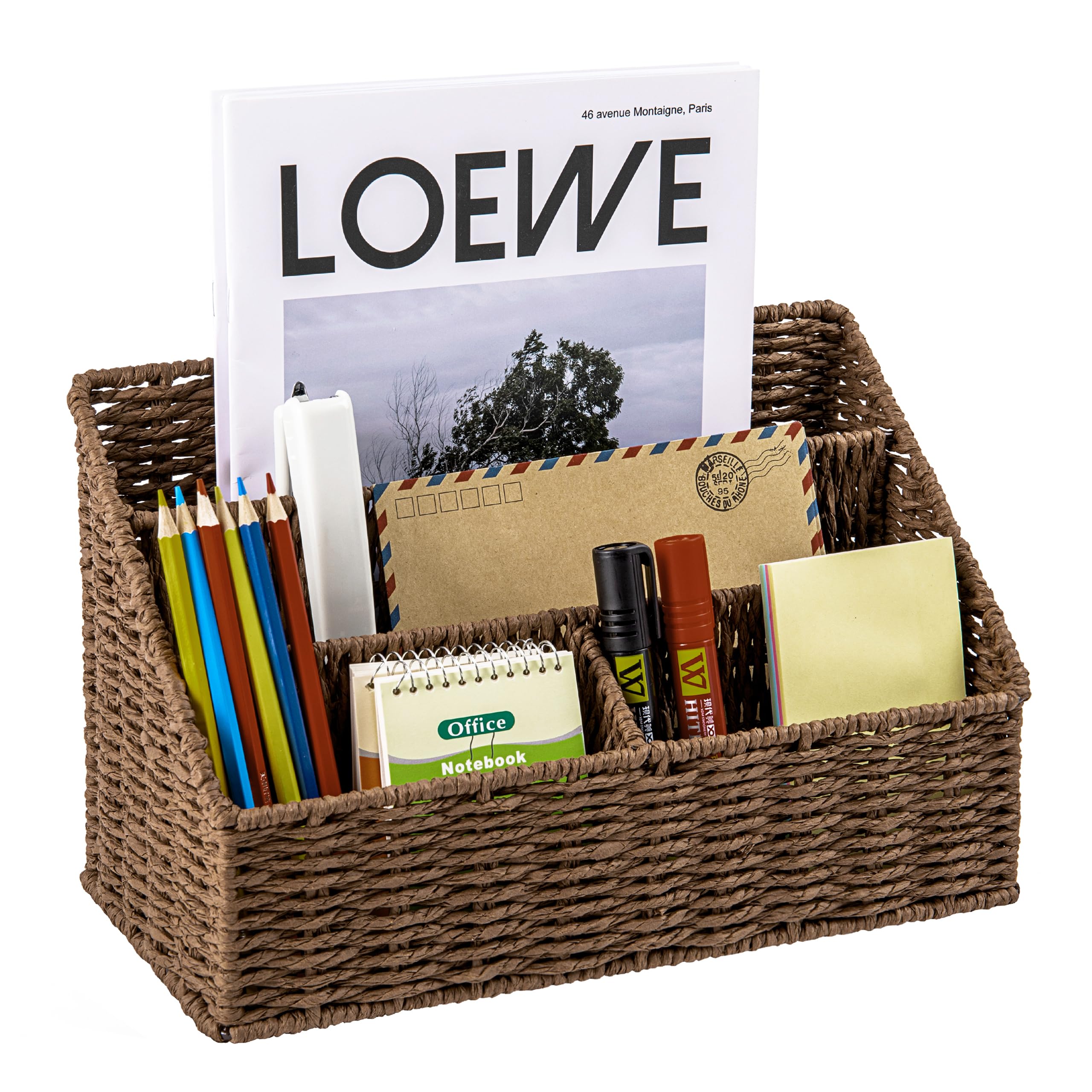 Rattan Desk Organizer - Boho Mail Holder for Bills, Letters & Papers - Neutral Tabletop Organizer for Office & Home - Perfect for Mail Sorting & Desk Organization (Brown)