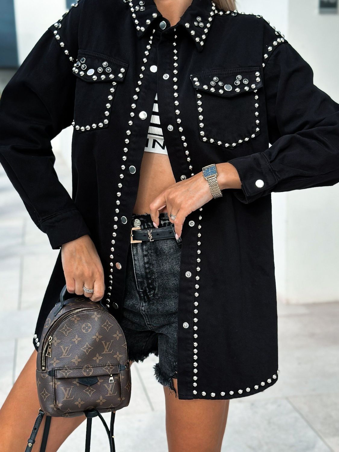Stylish Studded Snap Down Long Sleeve Denim Shacket Jacket for Women | Vintage Distressed Denim Overshirt | Perfect for Fall Layering, Casual Outfits & Streetwear Fashion