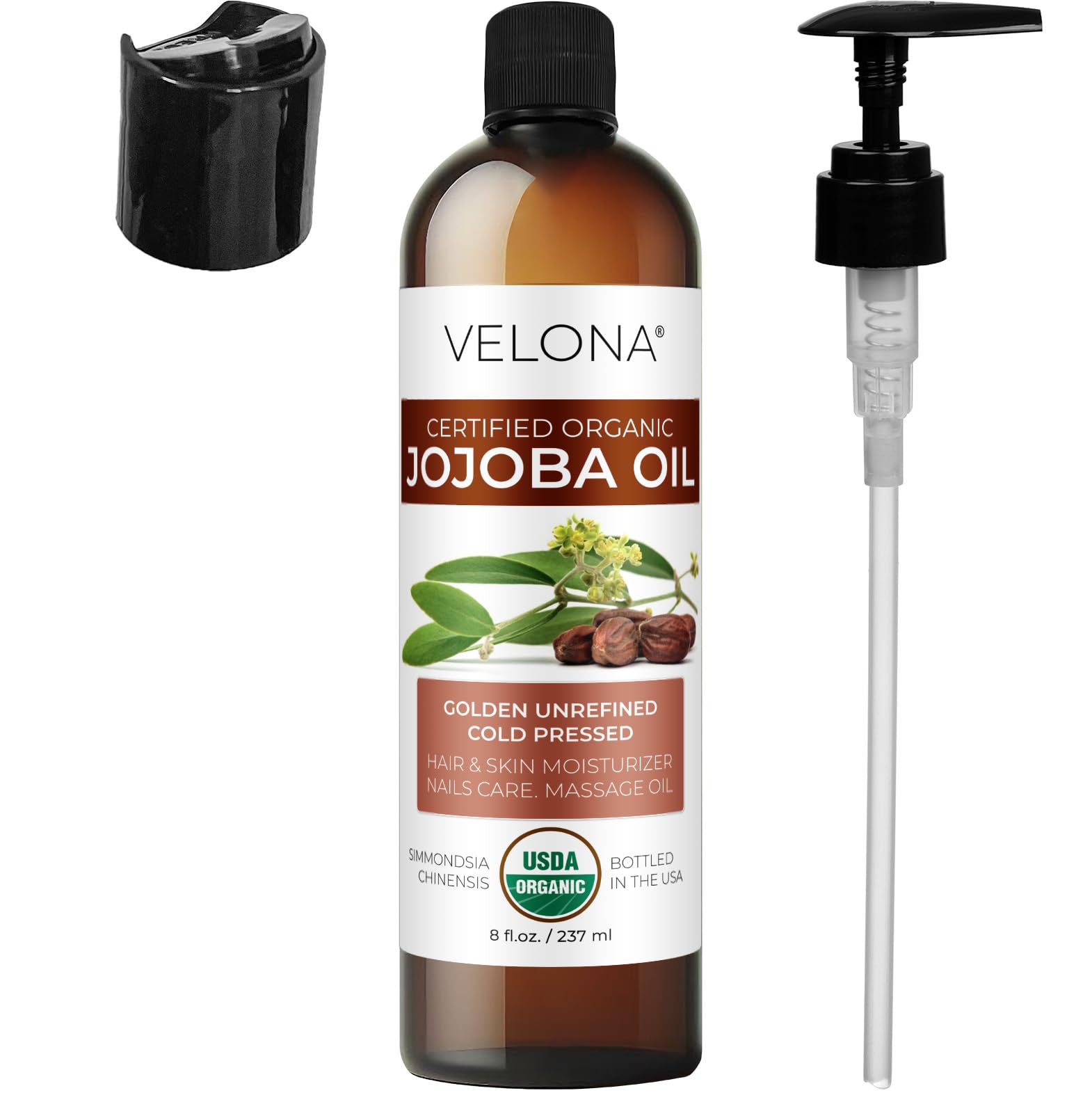 Velona Organic Jojoba Oil 8 Fl Oz (With Pump) - 100% Pure Unrefined Cold Pressed Natural Oil for Face, Hair, Body & Skin Care - Moisturizes Dry Skin, Reduces Stretch Marks & Nourishes Cuticles - Perfect for Daily Beauty Routine & Massage Therapy