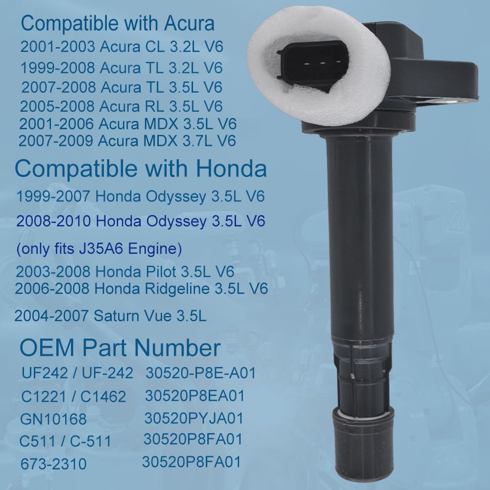 High Performance Ignition Coil Pack & Iridium Spark Plugs Set of 6 (UF242 C1221 30520P8EA01) - Compatible with Honda Accord, Odyssey, Pilot & Acura CL, RL, TL, MDX, Ridgeline, Vue 3.0L 3.2L 3.5L V6 Engines - Perfect for Engine Tune-Ups & Performance Upgrades
