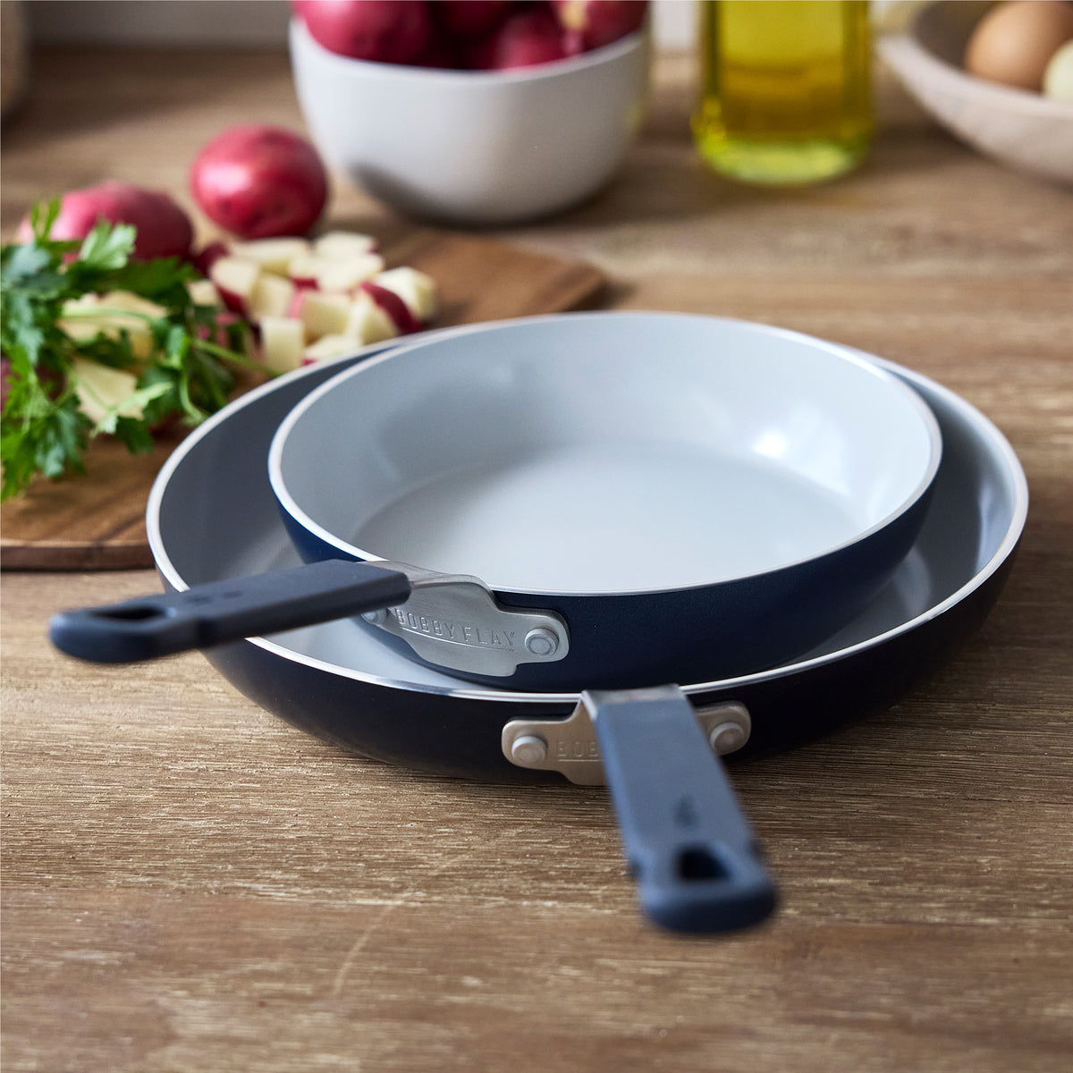 Bobby Flay by GreenPan Professional Ceramic Nonstick 8 and 10-Inch Frypan Set, Oxford Blue - Perfect for Sautéing, Frying & Healthy Cooking in Modern Kitchens