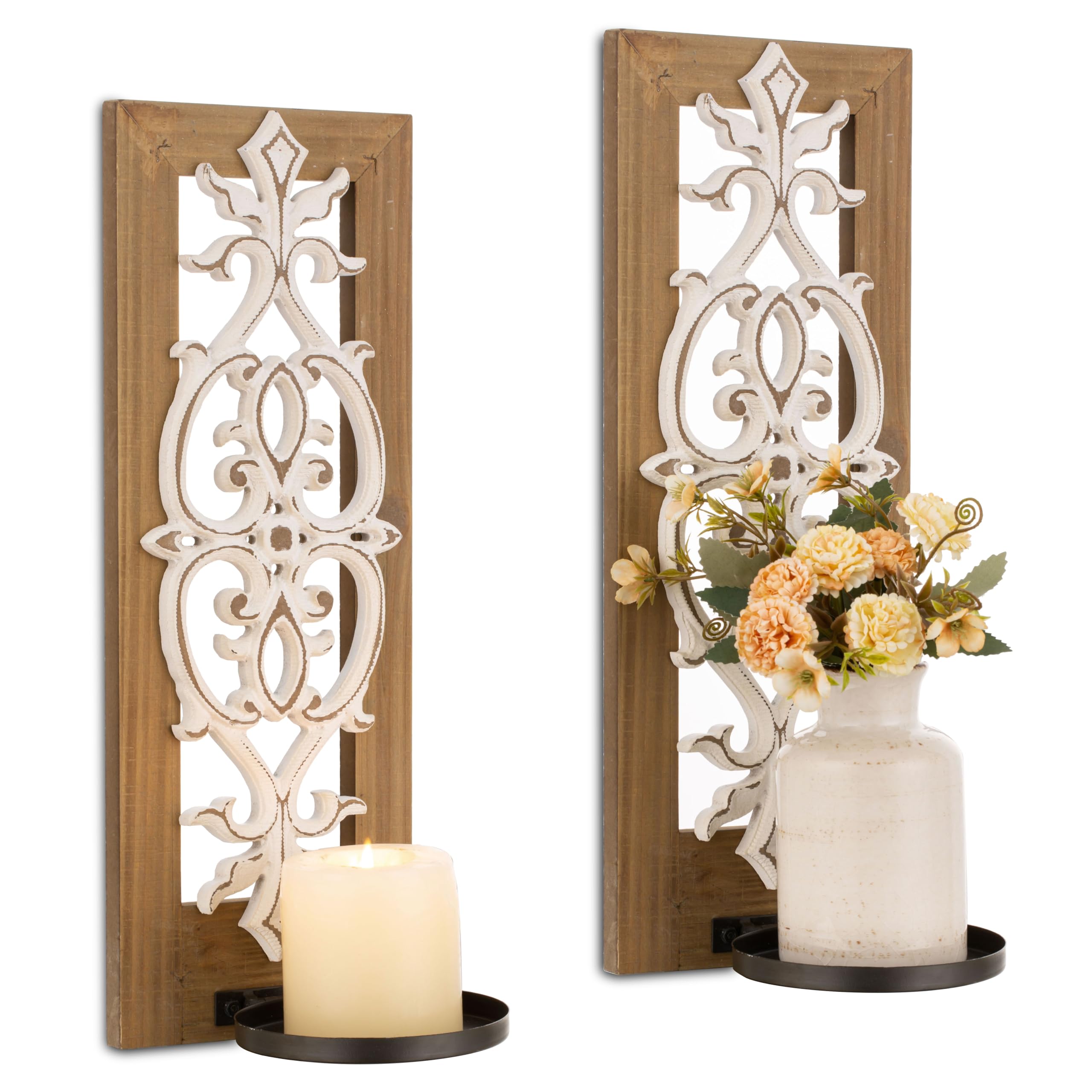 Rustic Wood Candle Sconces Wall Decor - Set of 2 Farmhouse Wall Candle Holders, Hand Carved Brown Candle Sconce for Fireplace, Mantel, Bedroom & Bathroom Decor | Distressed Pillar Candle Holders for Cozy Home Ambiance