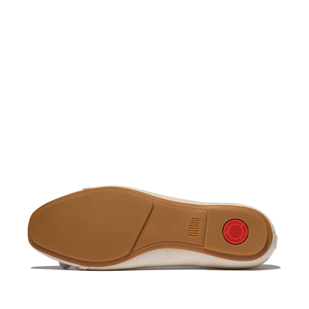 FitFlop Delicato Glitz Bow Leather Ballet Flats for Women - Comfortable & Stylish Paris Beige Shoes | Perfect for Work, Travel & Casual Outfits