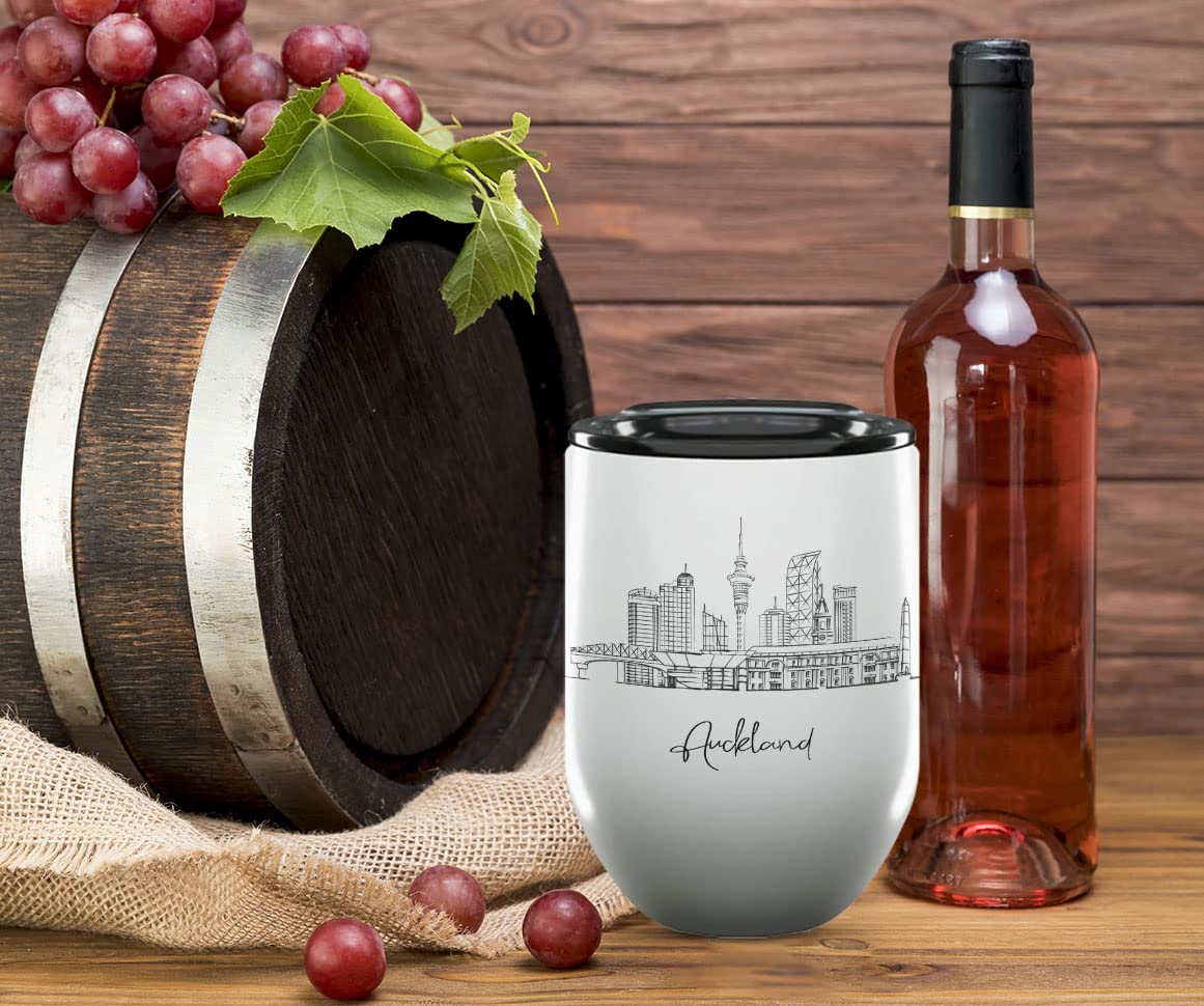 12 Oz Insulated Wine Tumbler with Lid - Auckland North Island Themed College Graduation Gift - Unique New Zealand Souvenir Drinkware for Her, Students & Long Distance Friends - Perfect for Travel, Picnics & Outdoor Adventures