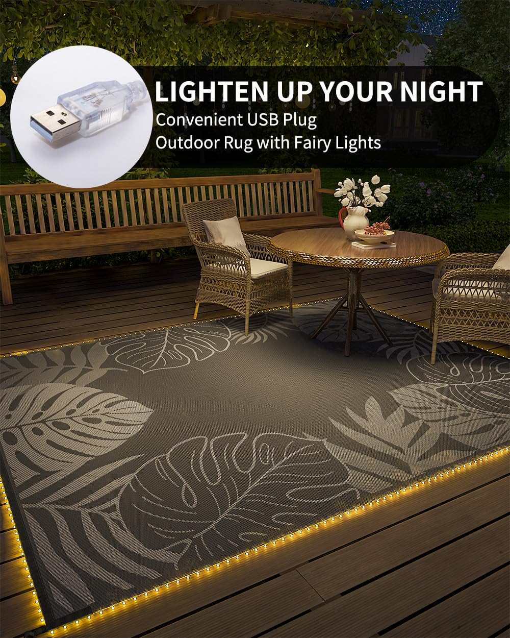 COCOER 8x10 Reversible Waterproof Outdoor Rug - Quick Dry Patio Carpet for Porch, Deck, Balcony & Backyard - Tropical Design Indoor/Outside Area Rugs - Perfect for Poolside, Garden & Summer Decor