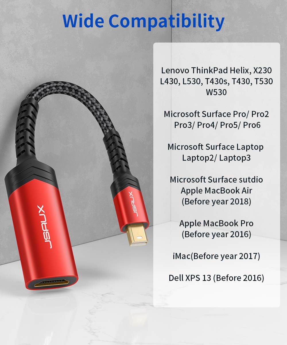 JSAUX Mini DisplayPort to HDMI Adapter - Aluminum Nylon Braided Thunderbolt to HDMI Converter for MacBook Pro/Air, Surface Pro, Monitor, Projector - 4K 60Hz Video Output (Red) - Perfect for Home Office, Gaming & Presentations
