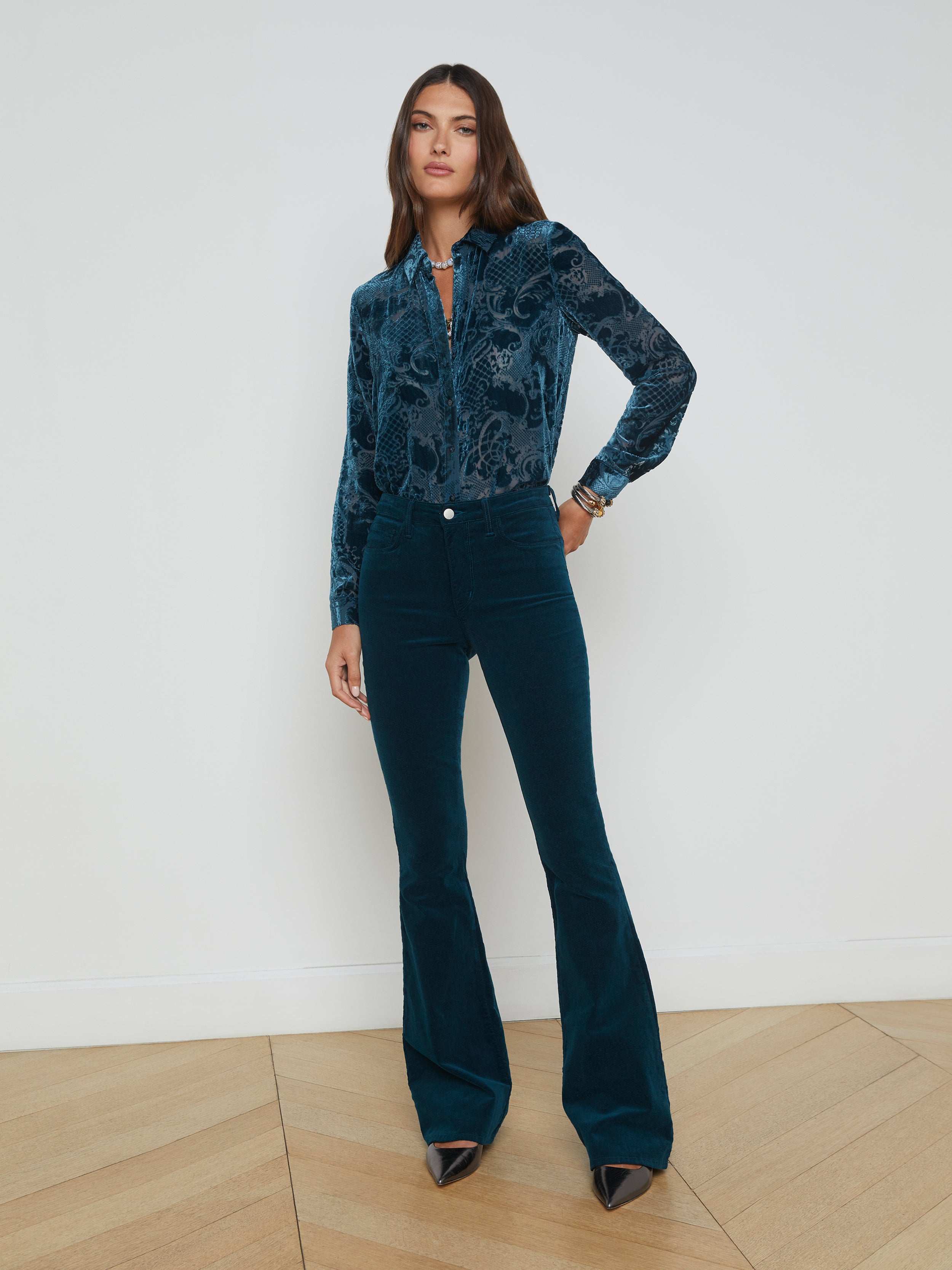 Marty High Waisted Velvet Flare Jeans for Women - Soft Stretch Comfort Pants, Retro 70s Style Bell Bottoms (Black, Size 6) | Perfect for Parties, Concerts & Vintage Fashion Outfits