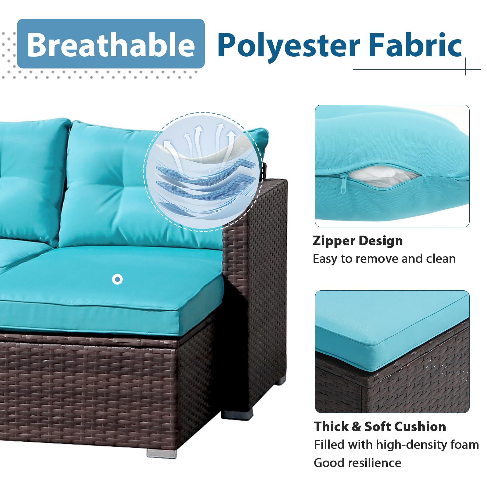 JOIVI 3-Piece Outdoor Wicker Patio Furniture Set with Tempered Glass Coffee Table - Turquoise Color, All-Weather Rattan Sofa Sectional for Garden, Poolside, and Backyard Relaxation
