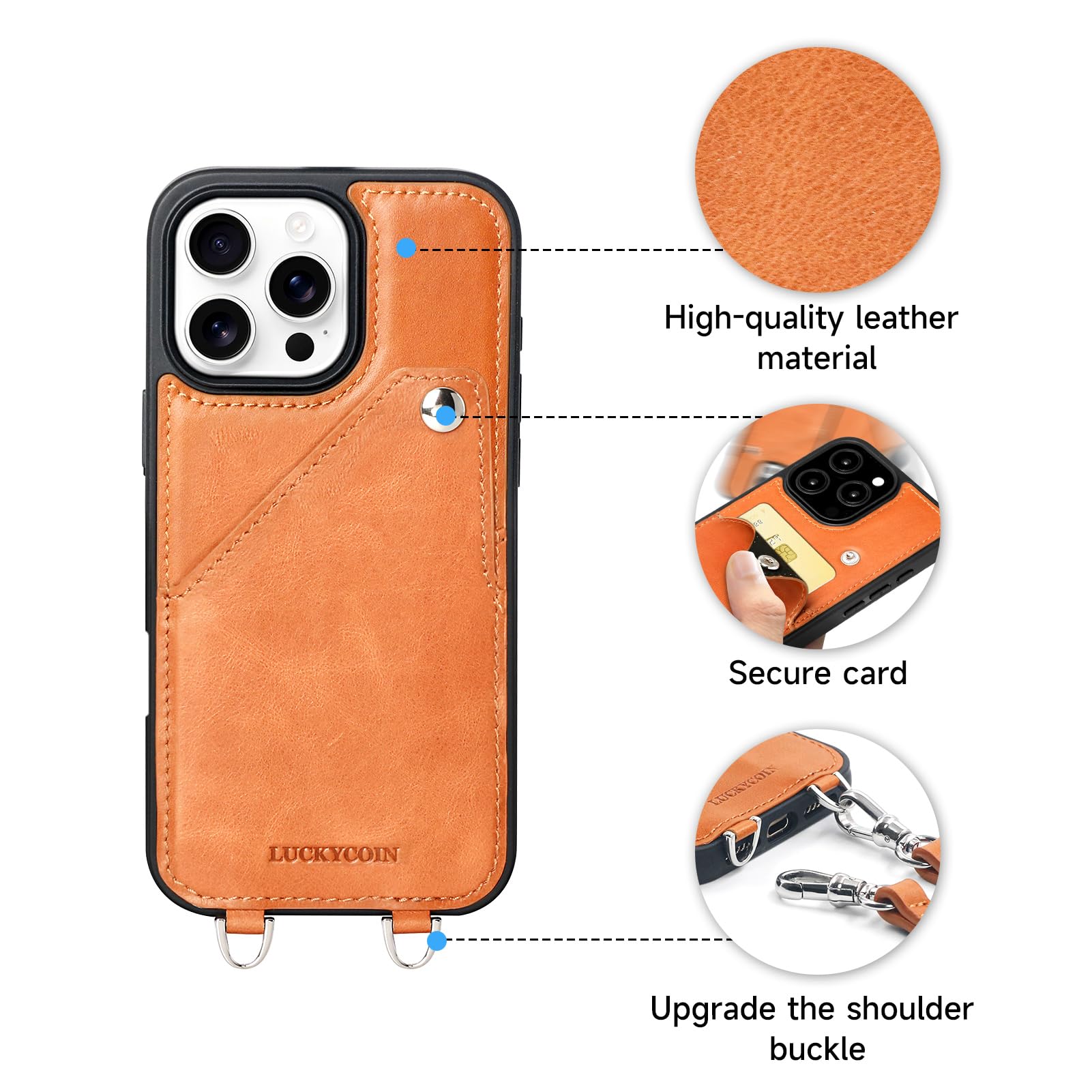 Leather Wallet Case for iPhone 16 Pro - Crossbody Lanyard & Card Holder (Brown) | Perfect for Women's Daily Use