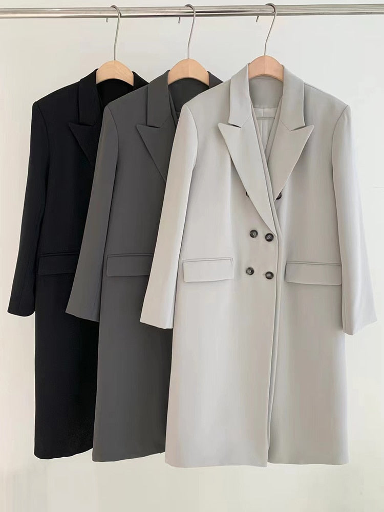 Elegant Black Trench Coat for Women - Double Breasted Lapel Long Sleeve Minimalist Coat | Korean Fashion Style | Perfect for Office, Dating & Fall Outerwear