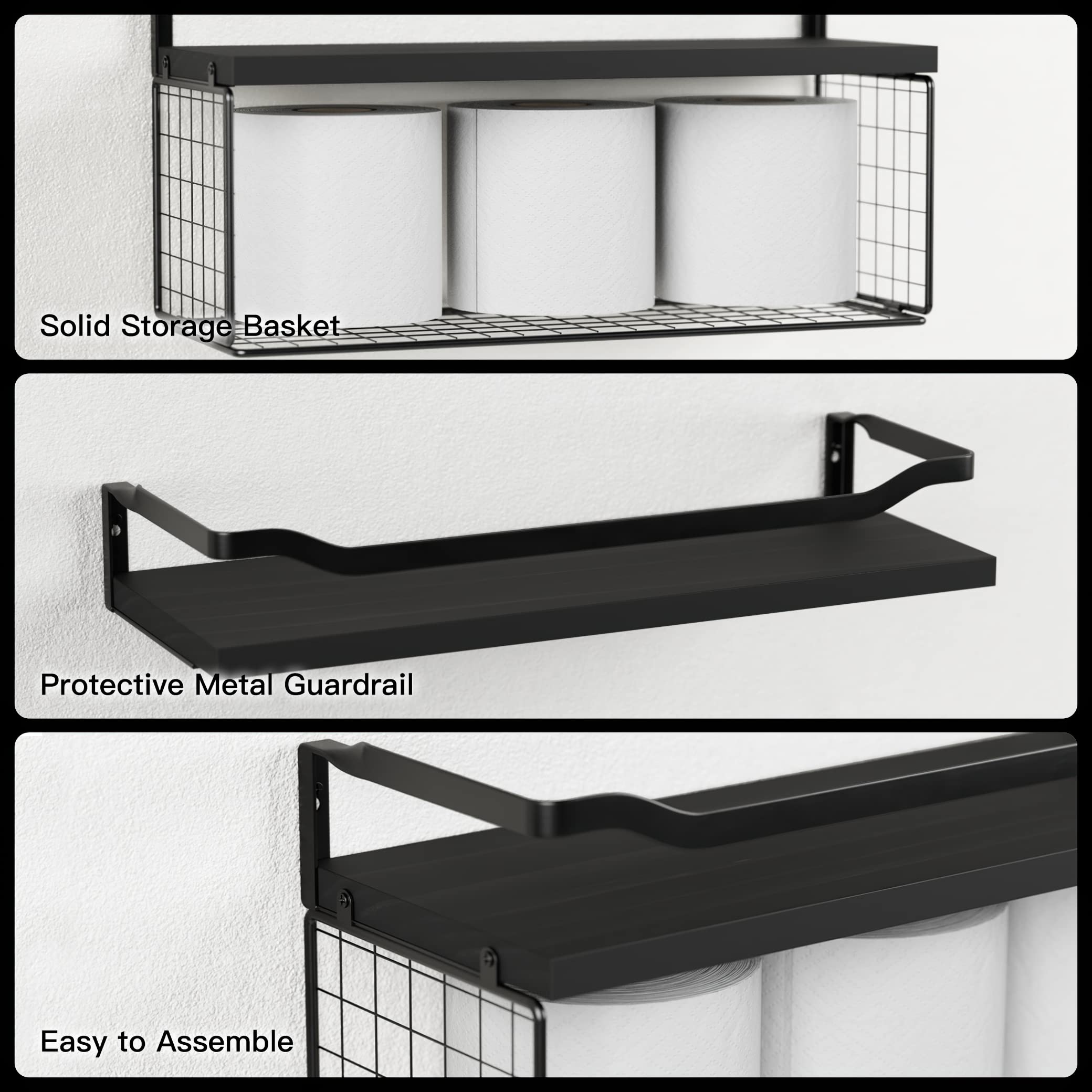 WOPITUES Floating Shelves with Wire Storage Basket - Over Toilet Bathroom Shelves with Metal Guardrail - Wood Wall Shelves for Bathroom, Bedroom & Living Room - Toilet Paper Holder - Black (Perfect for Small Space Organization & Stylish Home Decor)