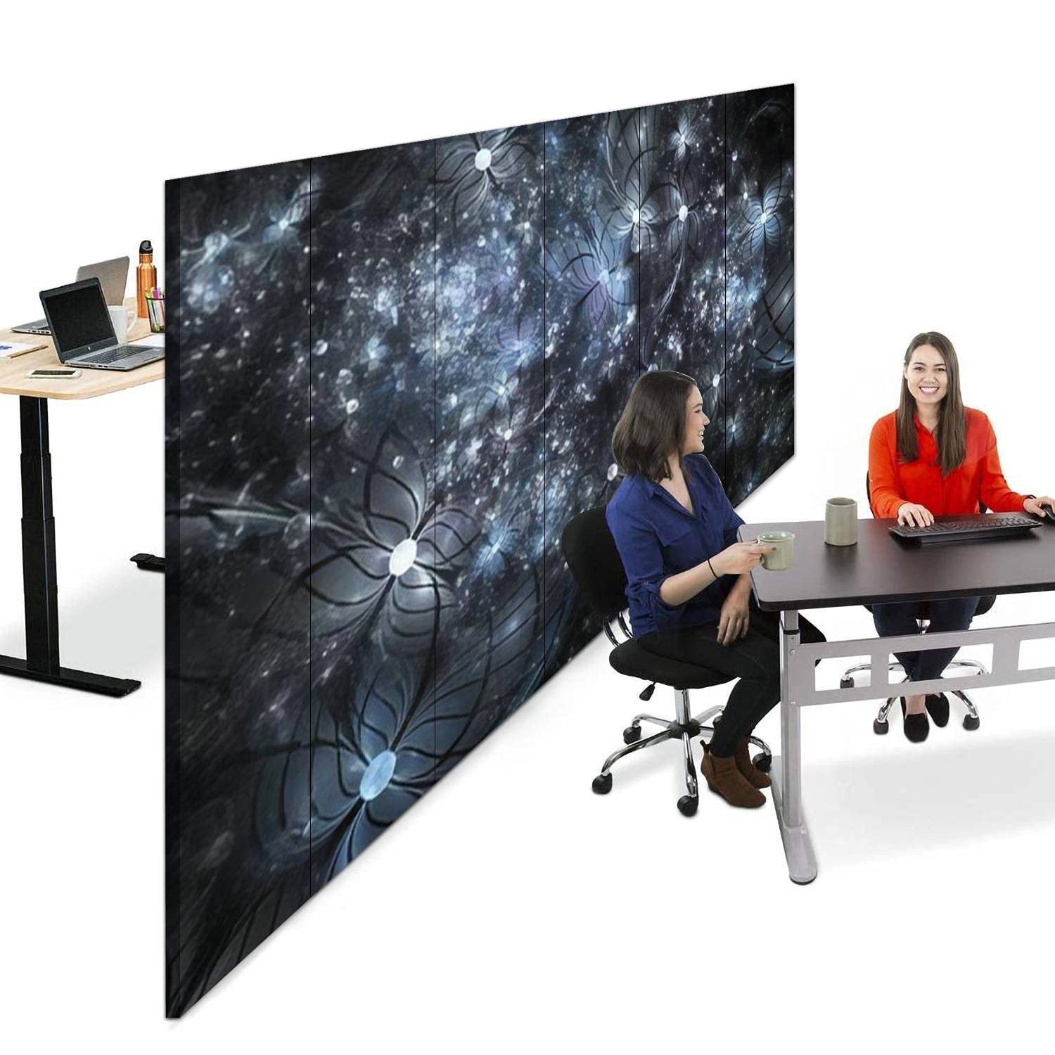 6-Panel Canvas Room Divider Screen - Abstract Exotic Grey & Blue Floral Black Fantasy Fractal Design | Folding Privacy Partition for Bedroom, Office & Studio | Room Separator & Wall Decor