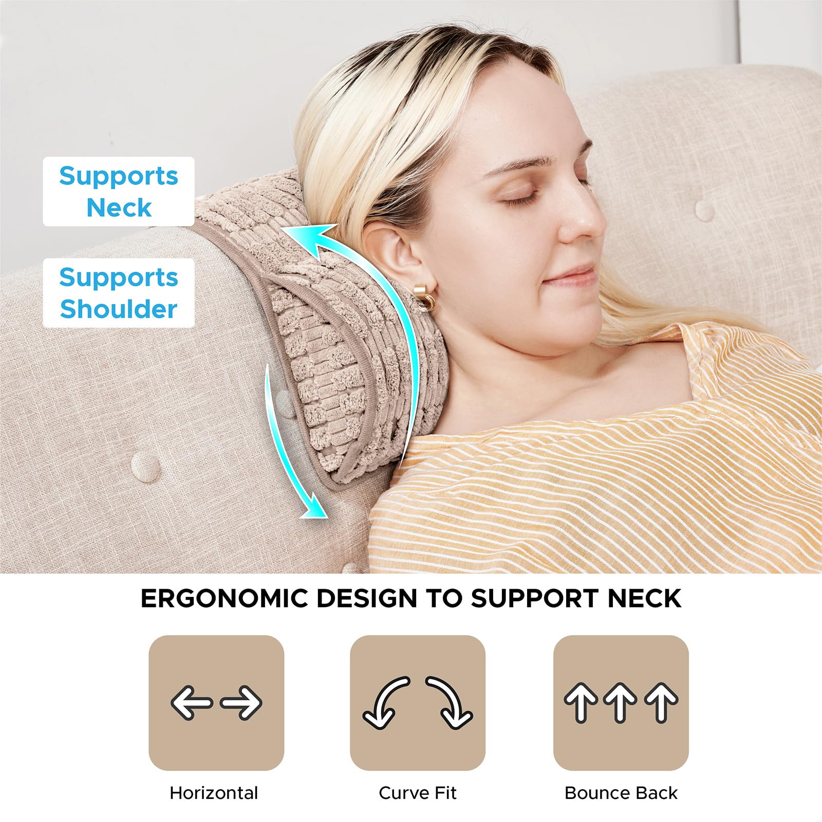 WdFour 4-in-1 Memory Foam Headrest Pillow - Neck Support Cushion for Back & Foot Comfort - Perfect for Sofas, Recliners, Office Chairs & Massage Chairs (Khaki, 13