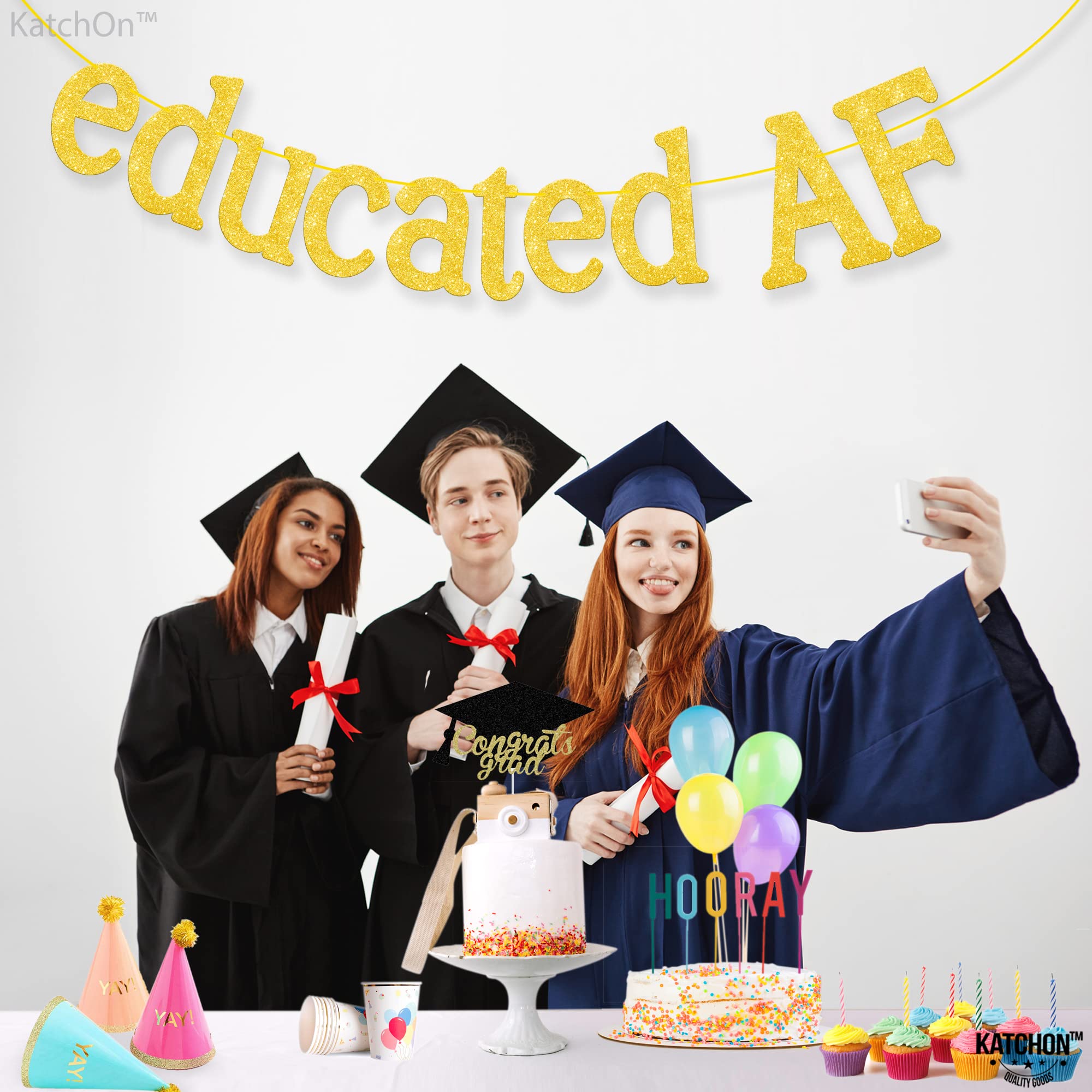 KatchOn Educated AF Gold Glitter Graduation Banner - 10 Feet, No DIY Required | 2025 Graduation Party Decorations, Class of 2025 | Perfect for High School & College Graduation Ceremonies, Photo Backdrops & Celebration Decor