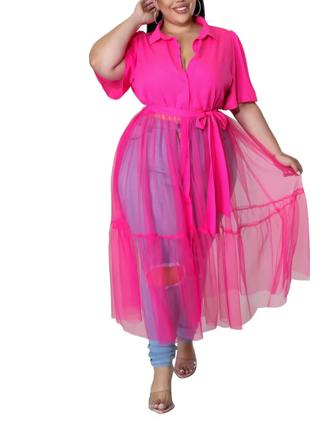 Sunlips Women's Sexy Plus Size Lapel Shirt Dress - Mesh See Through Puff Short Sleeve Flowy Swing Dress for Clubwear, Night Out & Party | Size XL-5XL