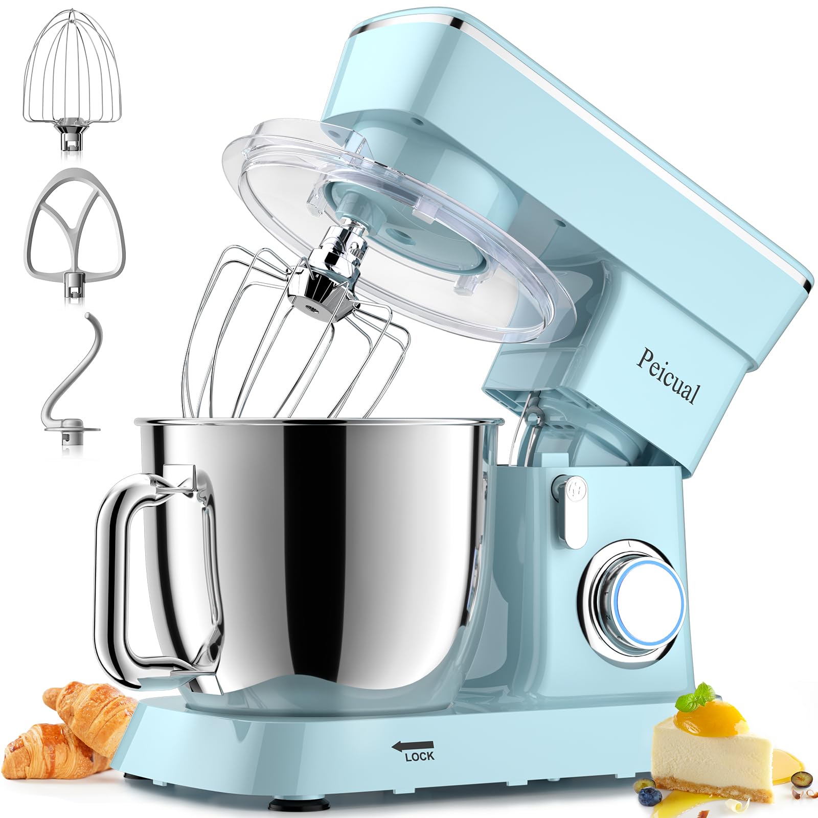 6QT 10-Speed Tilt-Head Stand Mixer with Stainless Steel Bowl - Dough Hook, Flat Beater & Wire Whisk Included - Perfect for Baking Cakes, Cookies & Bread - Splash Guard & Blue Design for Mess-Free Kitchen Mixing