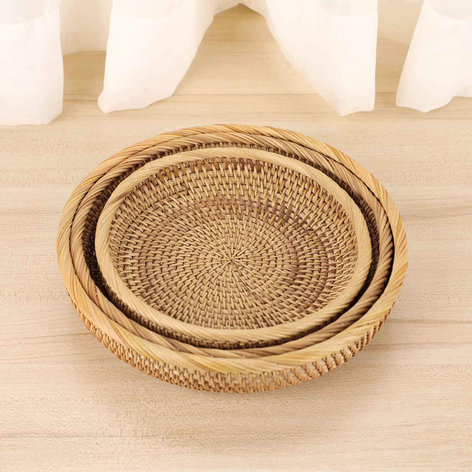 Hipiwe Set of 3 Woven Wicker Storage Baskets - Round Rattan Serving Trays for Keys, Wallet & Cell Phone | Entryway Organizer, Fruit & Snack Bowl | Home Decor for Living Room, Bedroom & Kitchen
