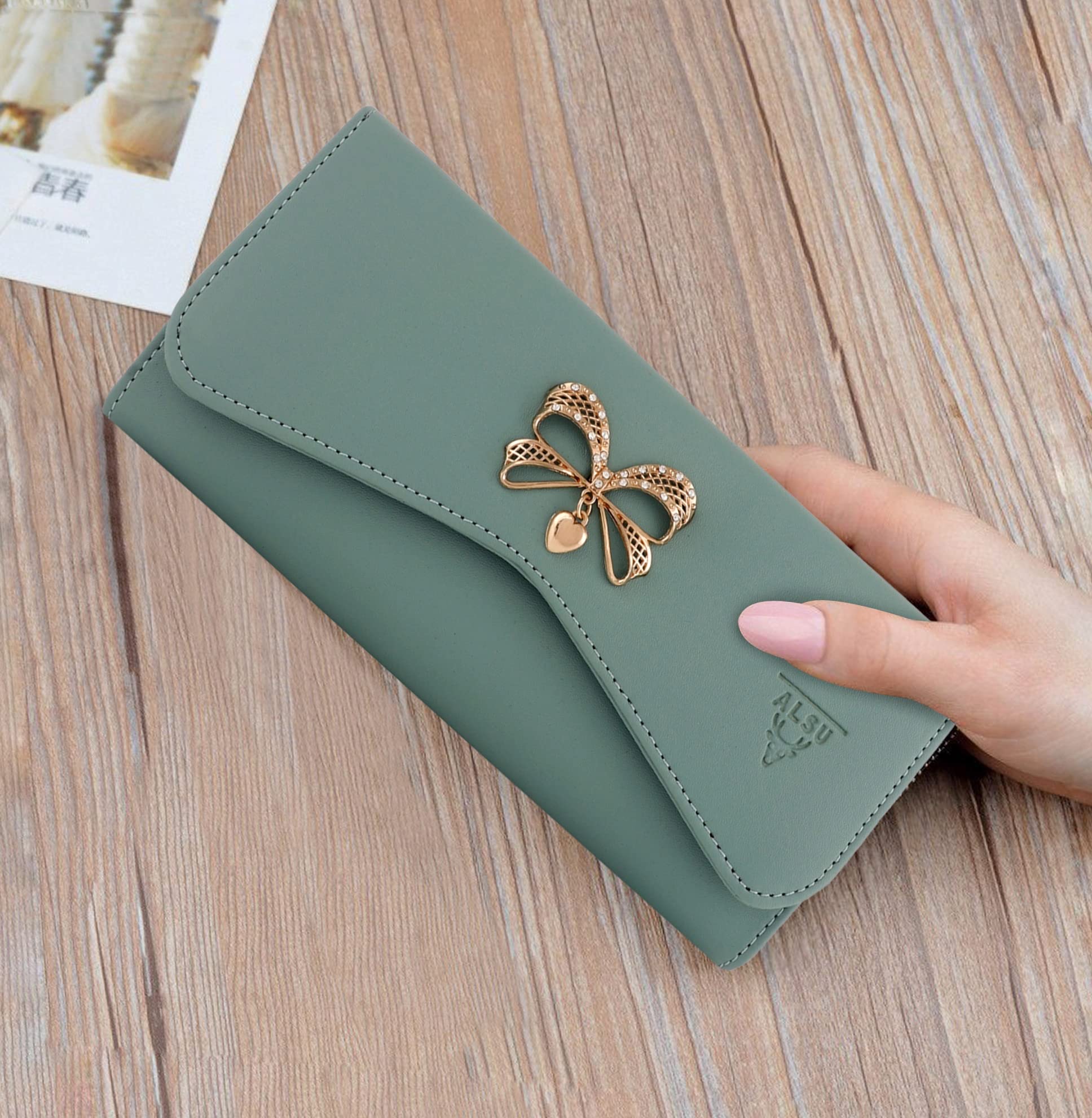 ALSU Women's Slim Wallet with Phone Pocket - 4 Card Slots & Coin Compartment - Premium Smooth Vegan Leather Clutch Purse (Light Green) | Perfect for Travel, Shopping & Night Out Accessories