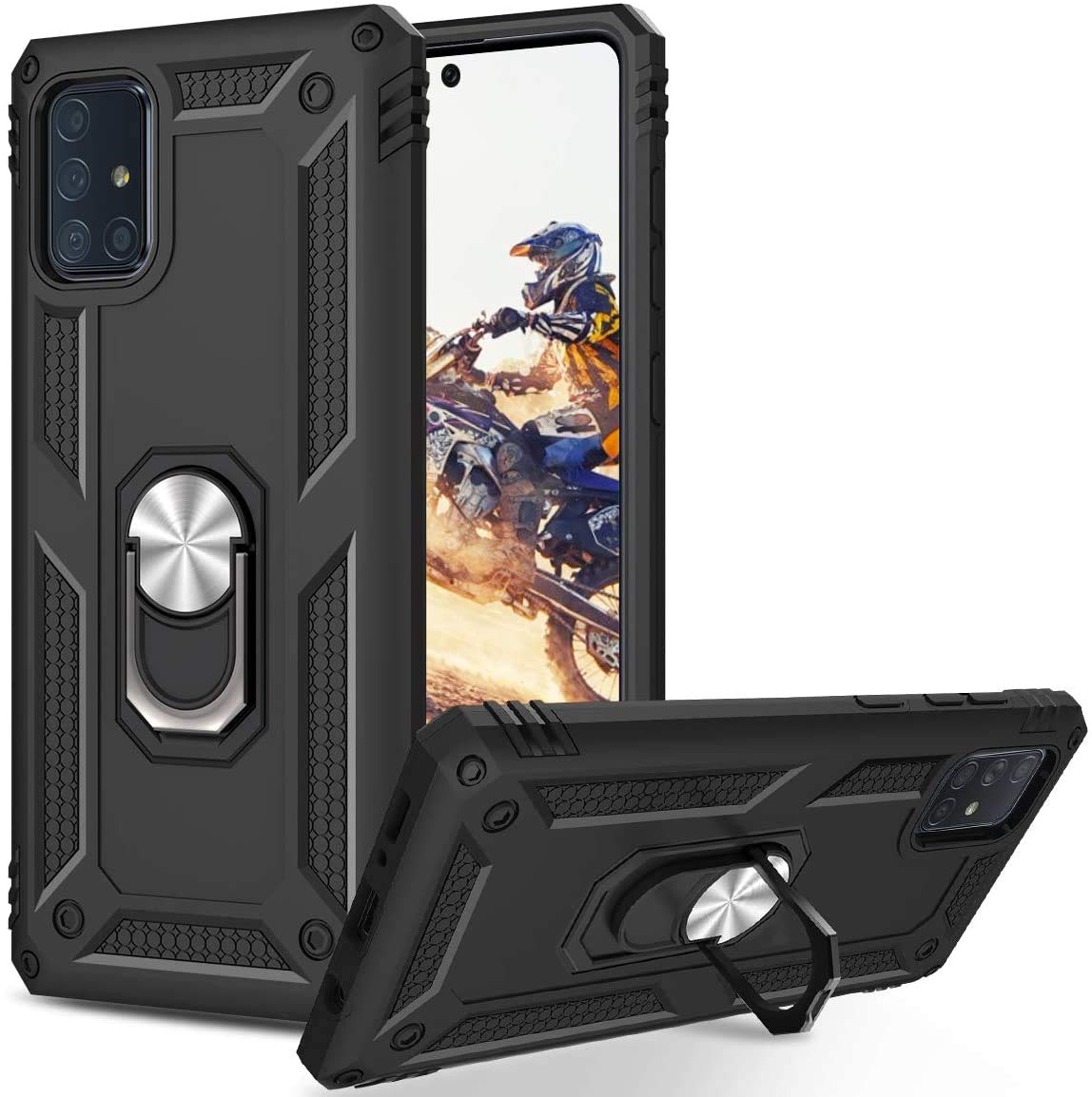 Shockproof Heavy Duty Case for Samsung Galaxy A51 5G (2020 Model Only) with Tempered Glass Screen Protector & Magnetic Rotating Ring Holder Kickstand - Perfect for Work, Travel, and Outdoor Activities