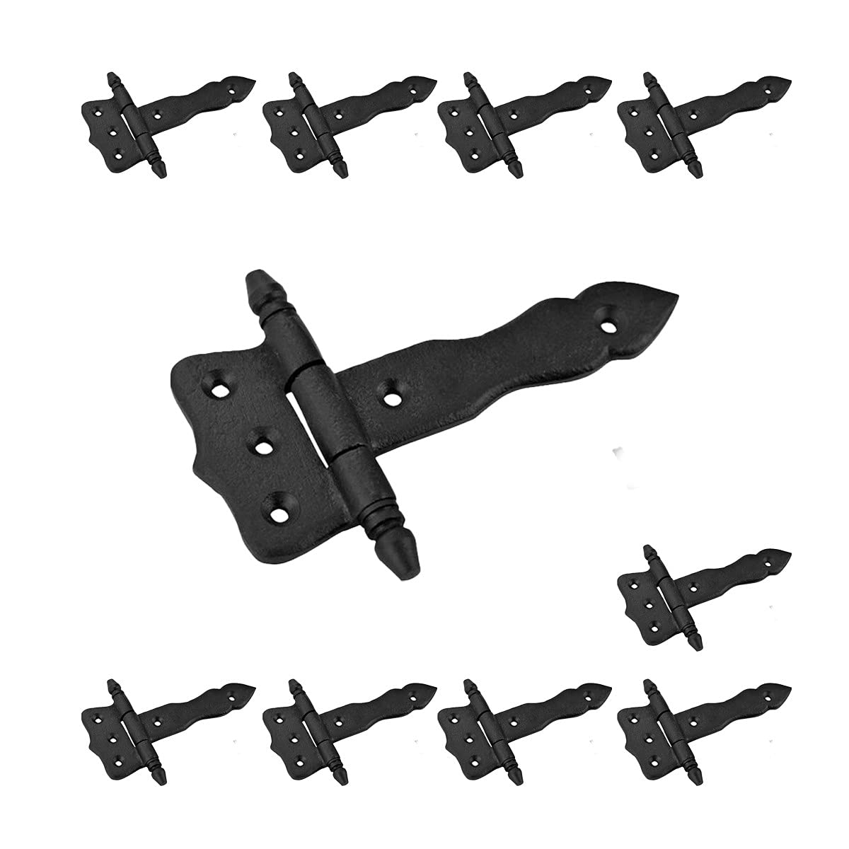 Antique Black Wrought Iron Shed Door Hinges (5 Inch) - Pack of 10 with Hardware - Decorative Flush Mount Cast Iron Barn Hinges - Perfect for Sheds, Barns, Garage Doors & Rustic Home Decor
