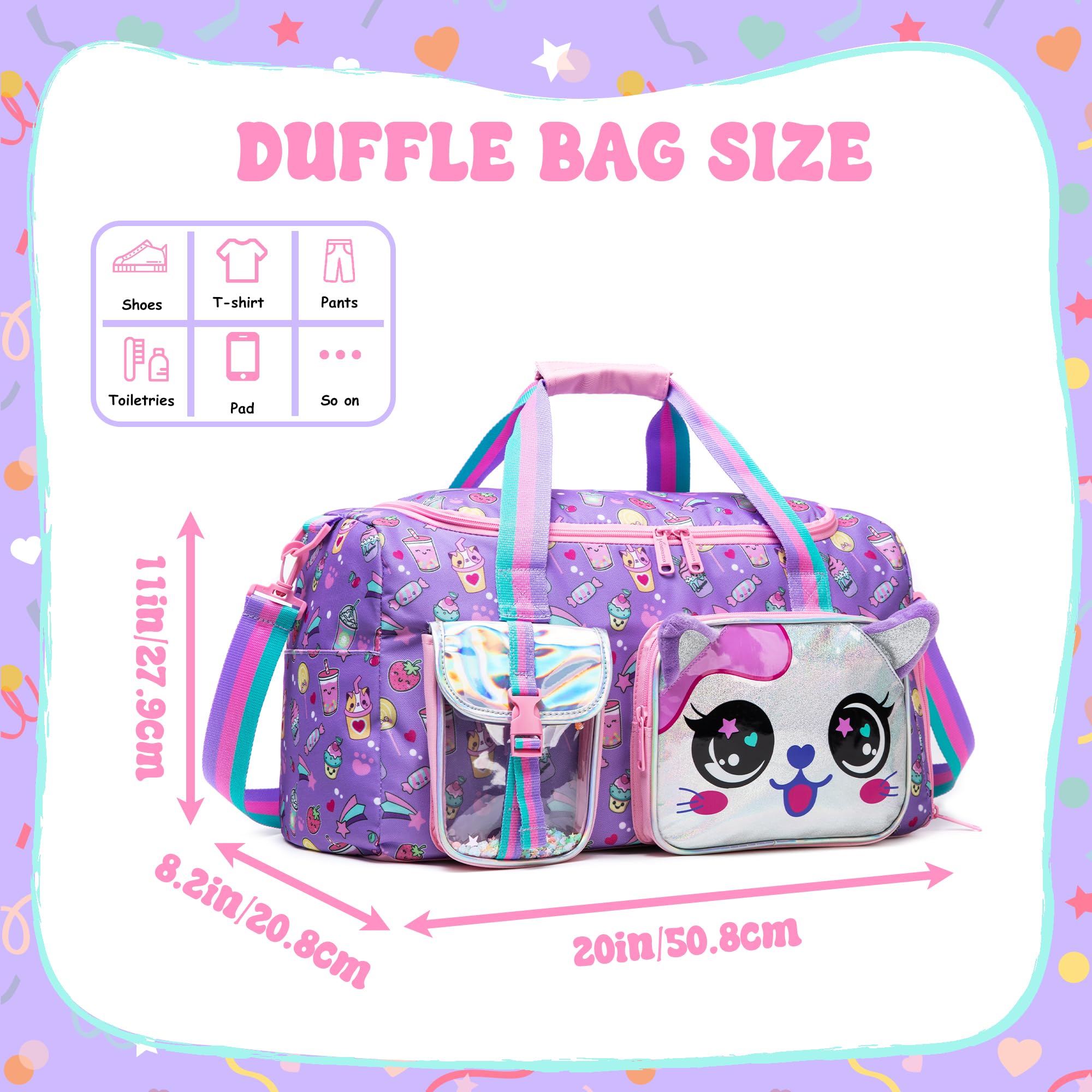 Girls Travel Duffle Bag with Shoe Compartment - Kids Weekender Overnight Bag for Dance, Gym, Sports & Sleepovers - Lightweight Carry-On Luggage for School Trips & Weekend Getaways