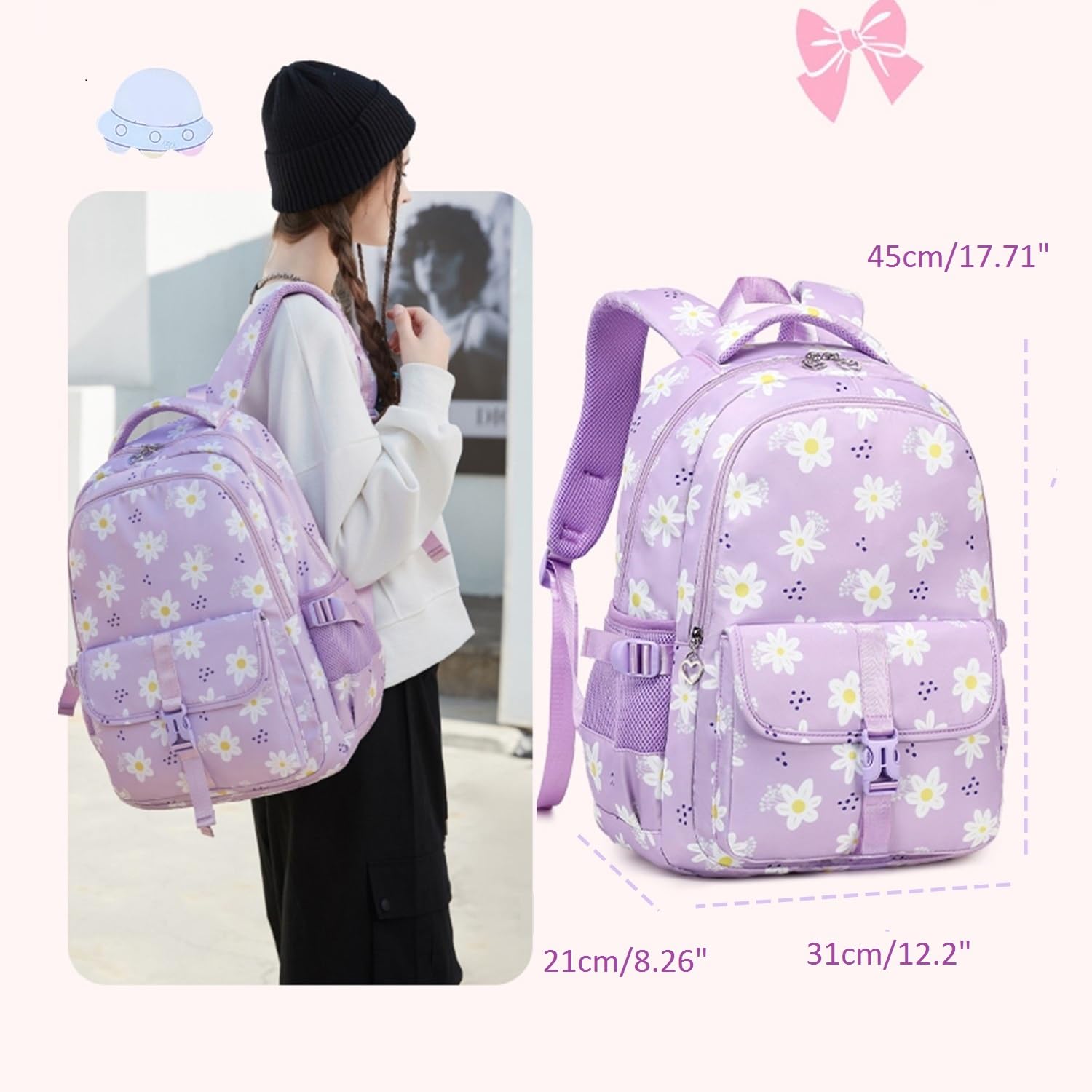 **Daisy Print Backpack for Girls - Cute Pink School Backpack for Elementary & Middle School - Lightweight & Durable Kids Backpack for Daily Use, Travel & Outdoor Activities**