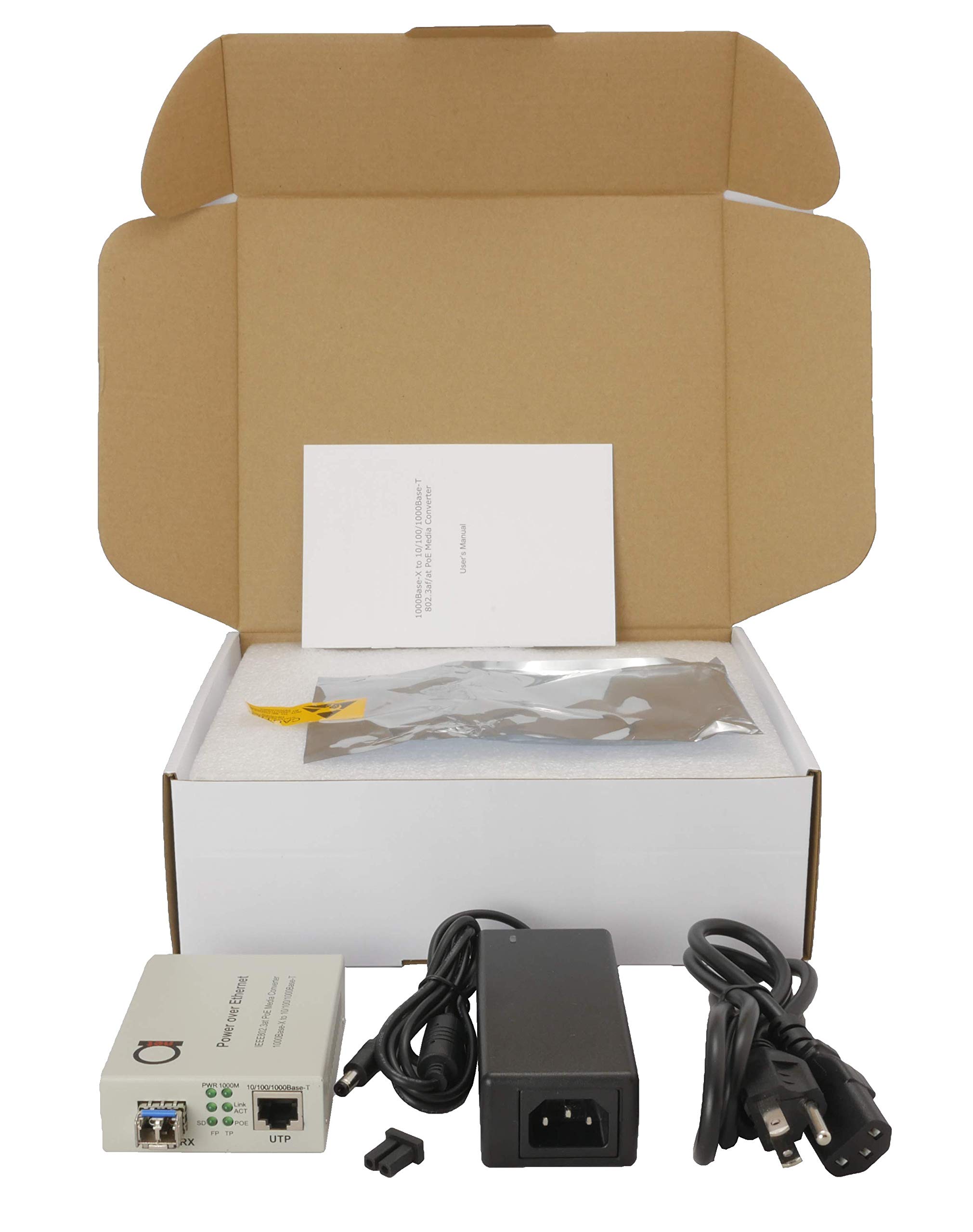 PoE Fiber Single Mode LC Gigabit Ethernet Media Converter - IEEE 802.3 PoE/PoE+ PSE Power Supply - Extends Network Distance up to 20km (12.42 Miles) - 10/100/1000Mbps Auto-Sensing UTP LAN Port - Ideal for Remote Offices, Industrial Networks & Security Camera Systems