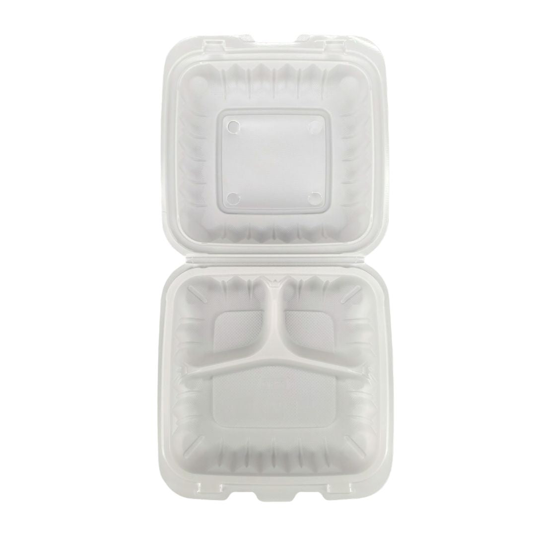 Eco-Friendly 7.5x7.5x2.3 Inch 3-Compartment White Food Storage Container | BPA-Free MFPP 773SW | Perfect for Meal Prep, Lunch Box & Leftovers