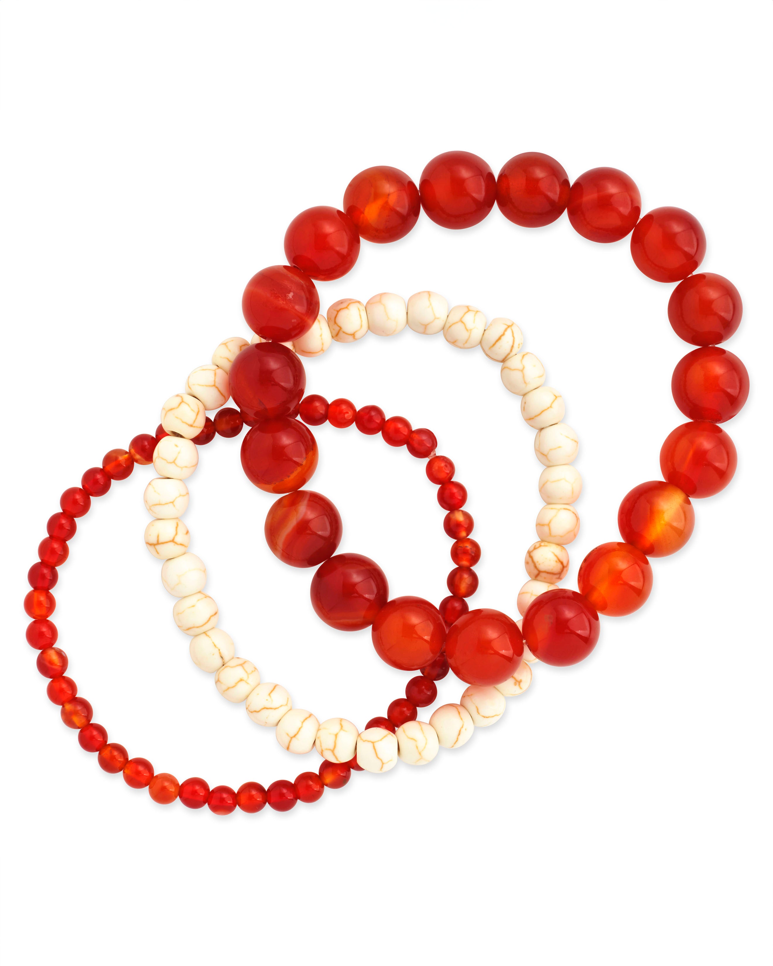 Red Agate & Cream Howlite Stretch Bracelet Set of 3 - Natural Stone Beaded Yoga Meditation Jewelry for Women, Gift for Mom, Sister, Best Friend