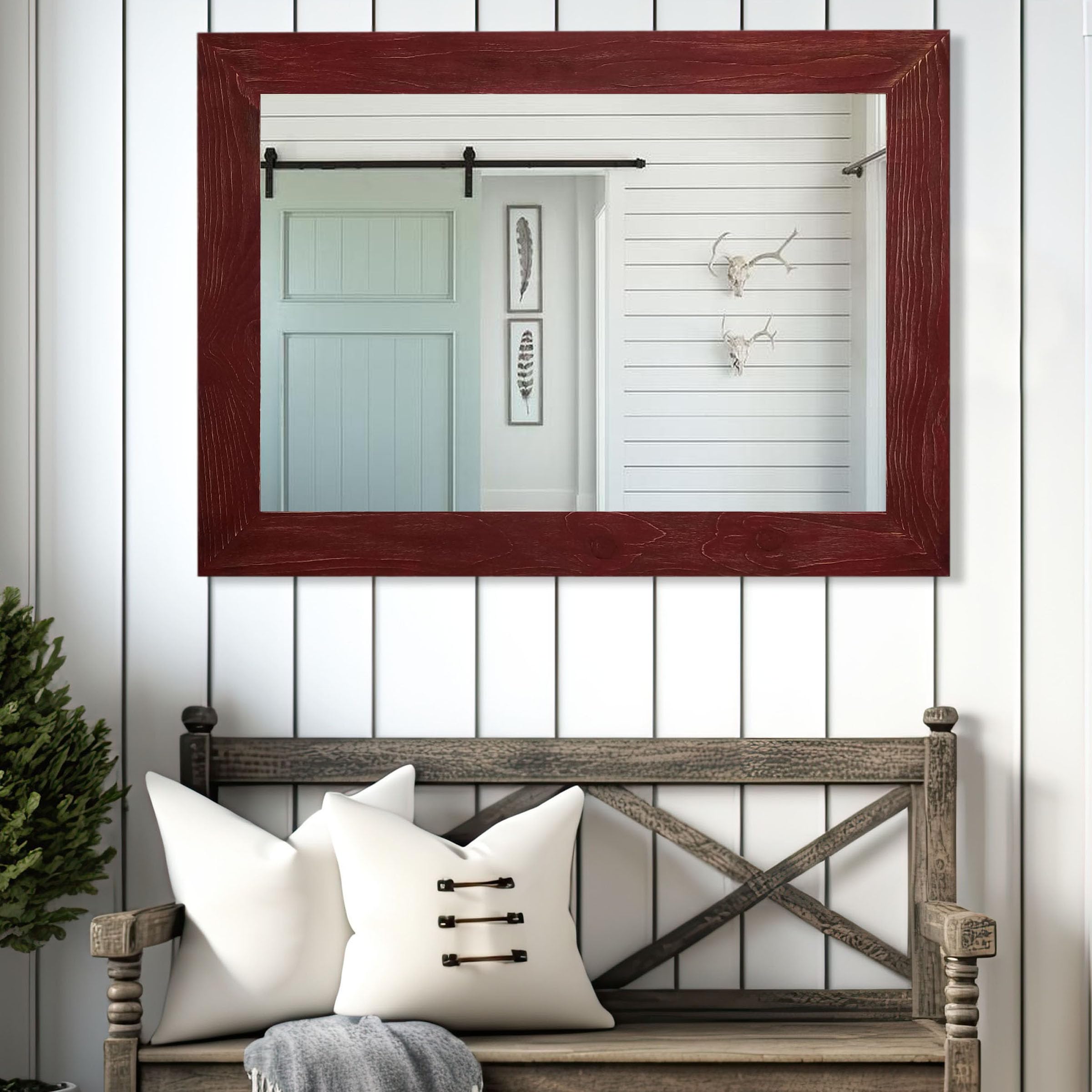 Handmade Shiplap Rustic Wood Framed Wall Mirror - Reclaimed Style with 20 Paint Color Options (Sundried Tomato Red Shown) - Perfect for Bathroom, Vanity, Living Room & Farmhouse Decor