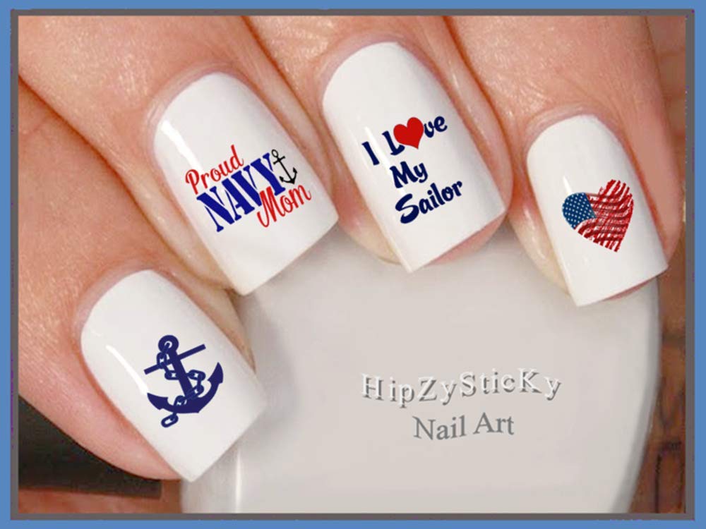 40pc Military Navy Anchor Flag Heart Nail Art WaterSlide Decals - Salon Quality DIY Nail Stickers for Sailor MOM & Patriotic Nail Designs - Perfect for Home Manicure, DIY Nail Art & Salon Use