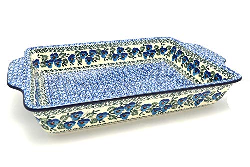 Polish Pottery Rectangular Baker with Tab Handles - 12 Cup Capacity - Winter Viola Design - Perfect for Casseroles, Baking, and Holiday Serving
