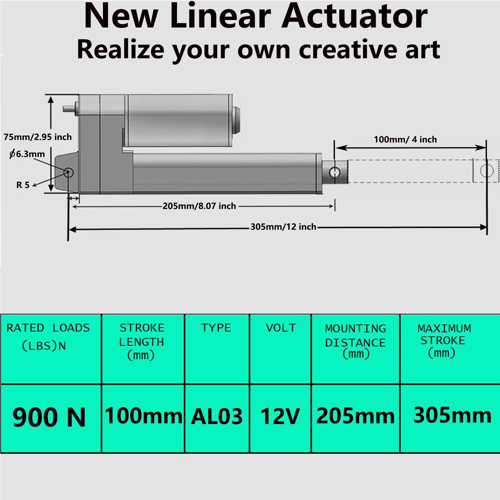 AWINLI 4 Inch Linear Actuator 12V DC - Heavy Duty 202Lbs (900N) High Speed 9mm/s with Remote Switch & Mounting Bracket - Industrial Use, Chicken Coop Doors, RV, Solar Panels, Medical Equipment (100mm Stroke)
