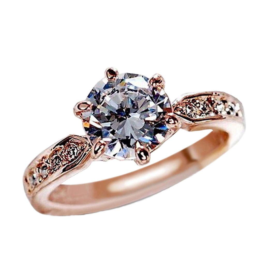 Sunlucky Women's Gemstone Ring - Crystal Rose Gold Six Prong Diamond Wedding Band Jewelry Gift for Her Under $5 (Rose Gold, Size 7) - Perfect for Anniversaries, Engagements & Special Occasions