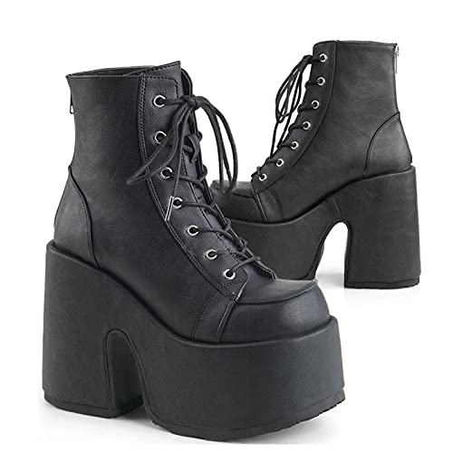 Femflame Women's Platform Boots - Gothic Punk Style Block Heel Mid Calf Combat Boots with Chain & Studs | Motorcycle Riding, Street Fashion & Alternative Outfits