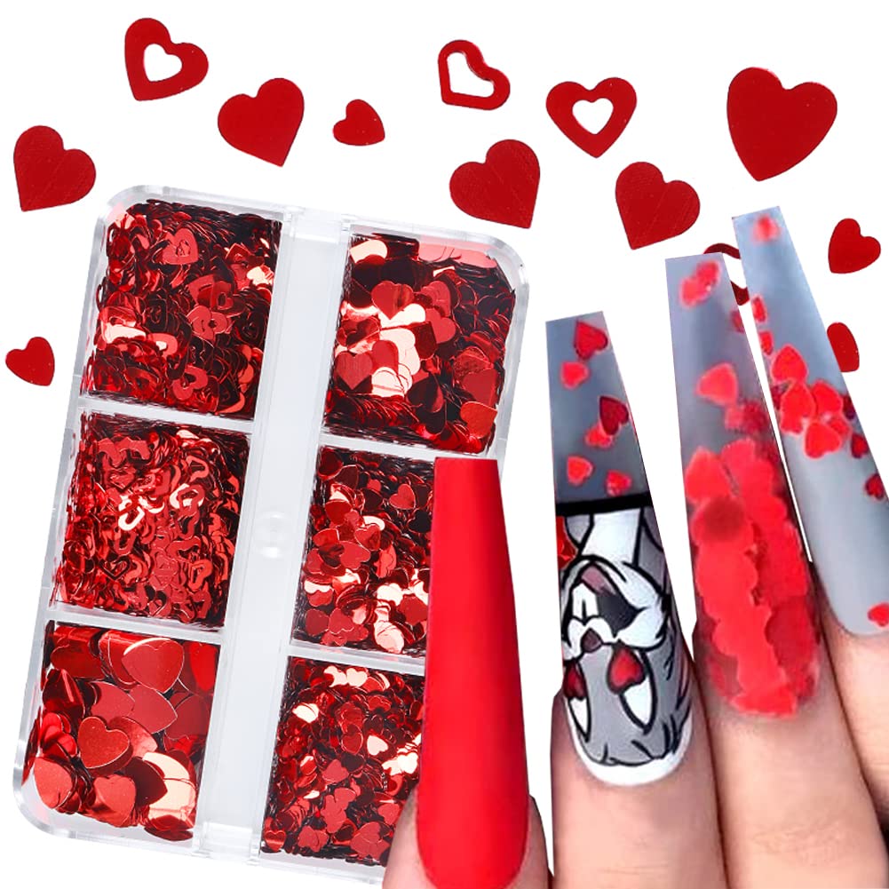 3D Heart Nail Sequins - 6 Grids Valentine's Day Nail Art Stickers, Laser Cut Heart Glitter Flakes for Acrylic Nails Design, Romantic Nail Decorations (Perfect for Valentine's Day, Wedding, Party & Special Occasion Nail Art)