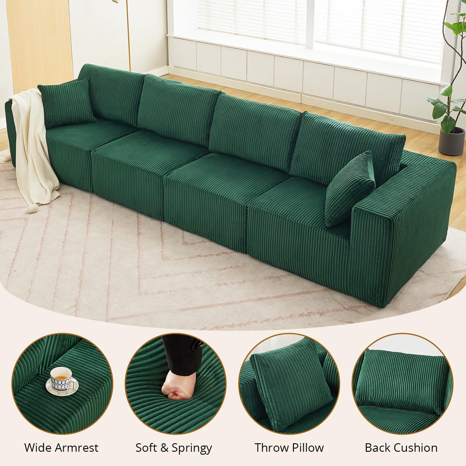 GARVEE 137 Modular Sectional Sofa - 4 Seater Convertible Sleeper Sofa with Chaise Lounge, Cloud-Like Comfort, No Assembly Required, Corduroy Fabric - Perfect for Living Room, Bedroom, Apartment & Small Spaces