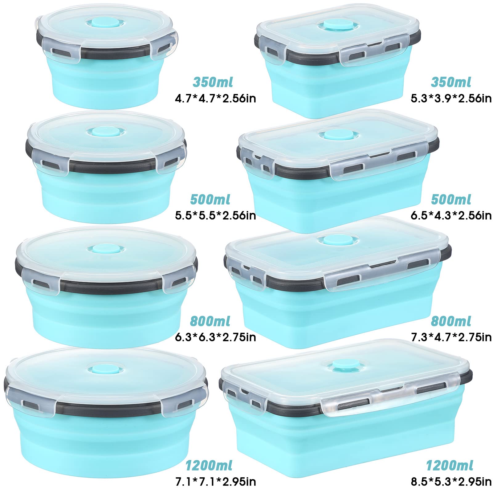 8-Piece Collapsible Food Storage Containers Set - Foldable Silicone Lunch Boxes with Lids (4 Rectangular & 4 Round Bowls) | Microwave, Freezer & Dishwasher Safe | Perfect for Meal Prep, Camping & Office Lunch Storage