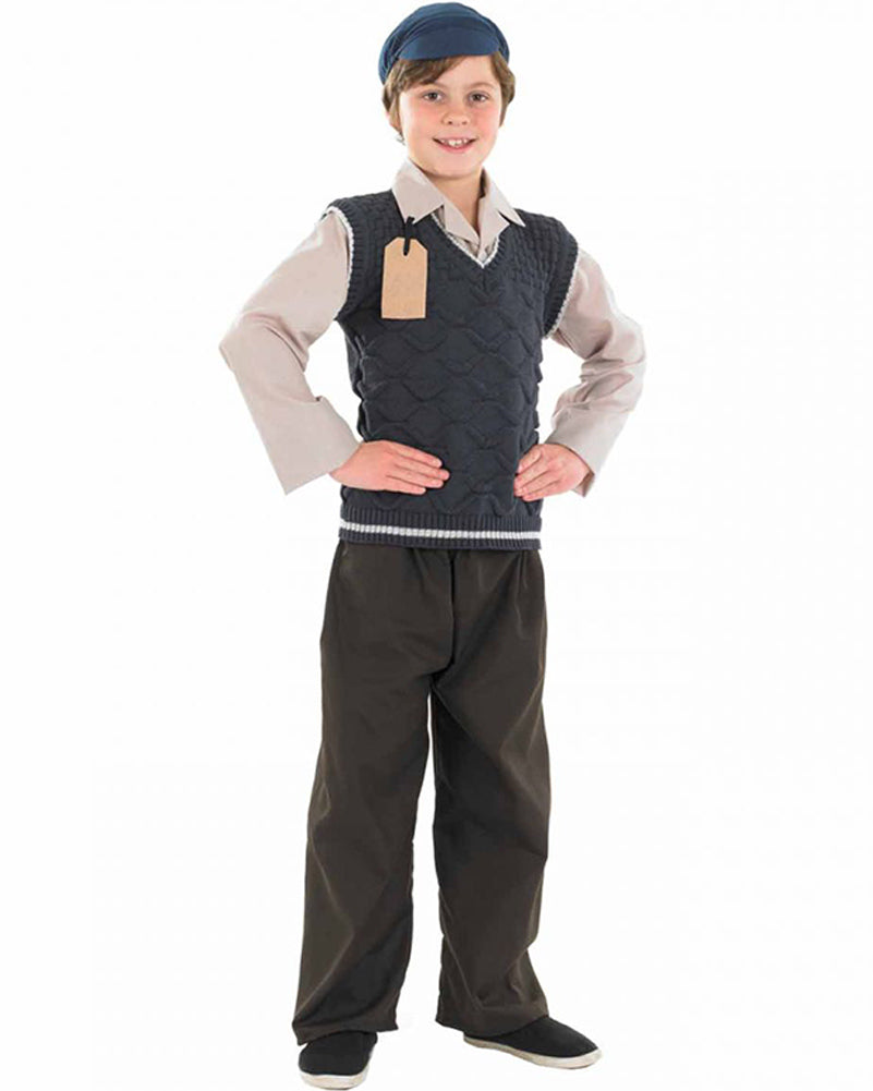 Vintage 1940s WWII Evacuee School Boy Costume - Authentic Historical Outfit for Kids, Halloween, and School Plays