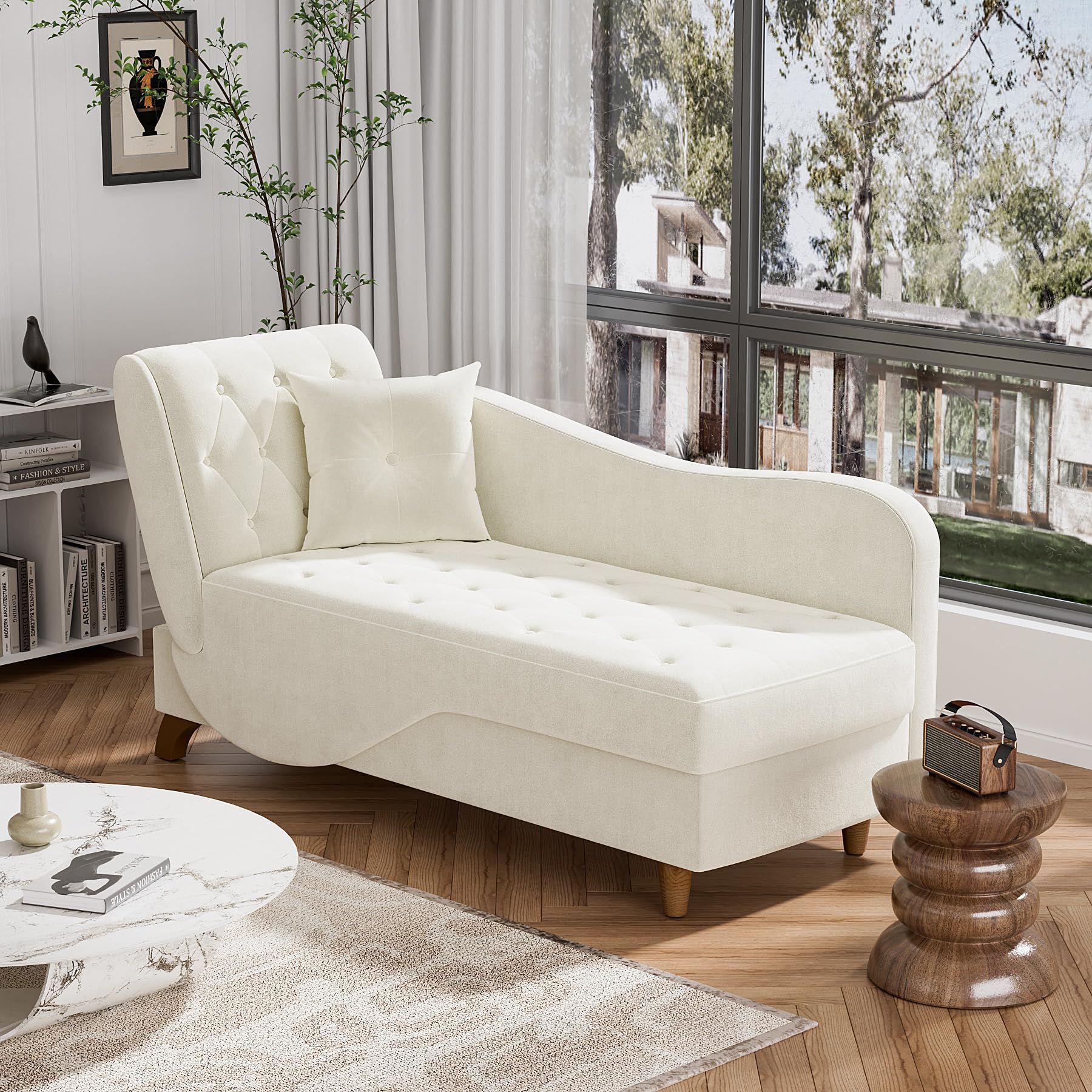 OUYESSIR Velvet Upholstered Chaise Lounge - Adjustable Recliner Sofa with Storage & Pillow, Button Tufted Living Room Chair for Bedroom, Office - Beige | Perfect for Relaxing, Reading & Small Space Living