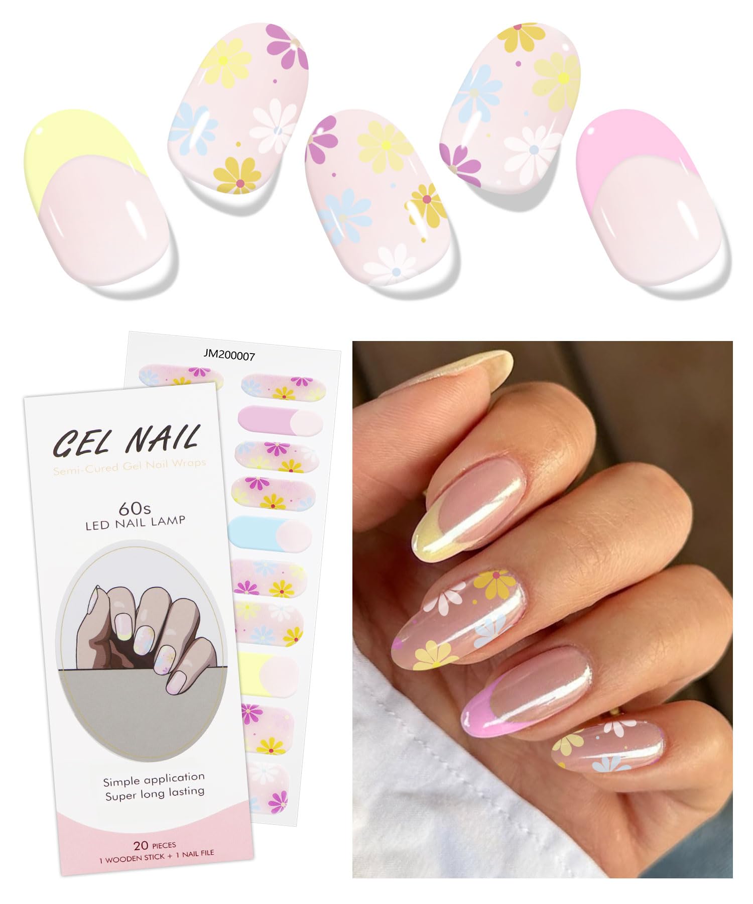 JMEOWIO Semi Cured Gel Nail Strips - Colorful Flower Nail Art Stickers, UV/LED Cured Nail Wraps for Salon & DIY Manicure | Perfect for Parties, Weddings & Everyday Wear