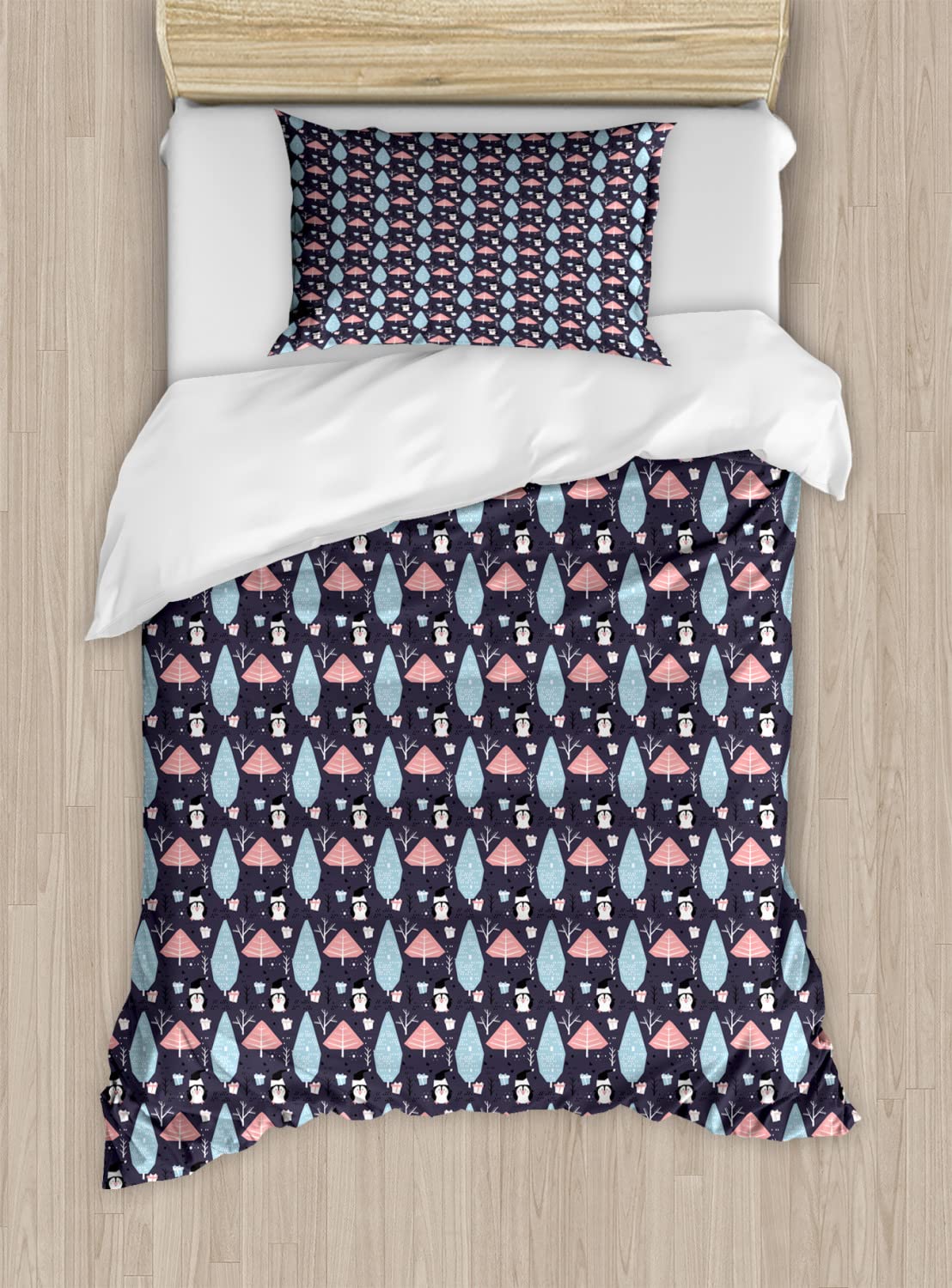 Ambesonne Northwoods Christmas Duvet Cover Set - Twin Size 2-Pack with 2 Duvet Covers & 2 Pillowcases | Festive Coniferous Trees, Gift Boxes & Penguin Design | Holiday Bedding for Winter Decor & Cozy Seasonal Atmosphere