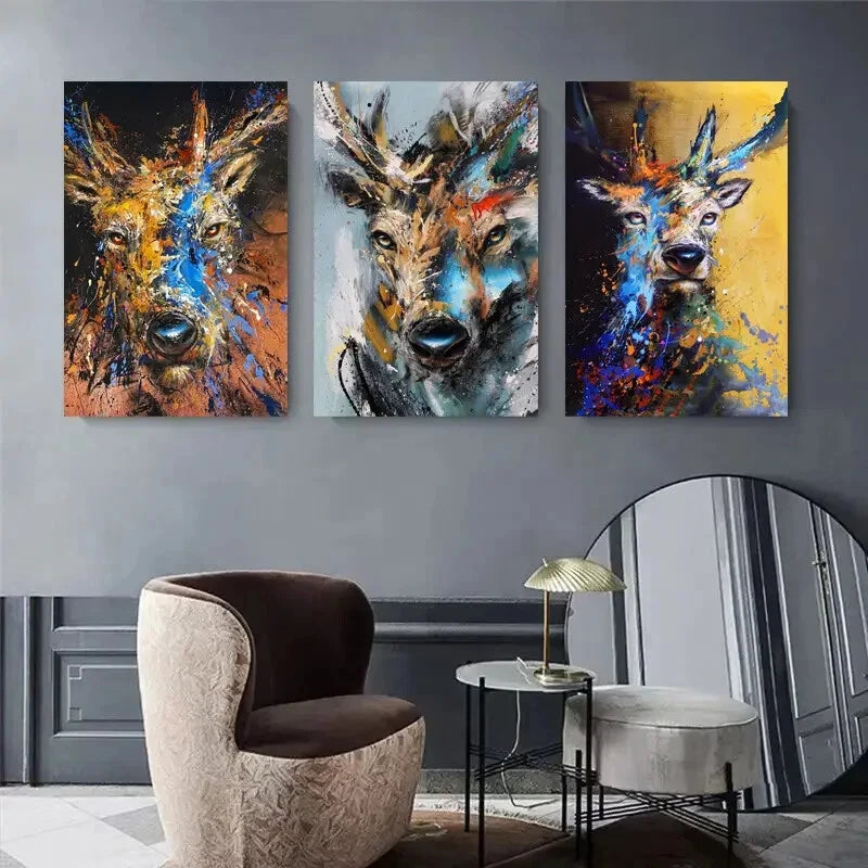 3-Piece Abstract Animal Art Prints - Vibrant Wildlife Metal Wall Decor - Ready to Hang Canvas Art for Living Room, Bedroom & Office Decor
