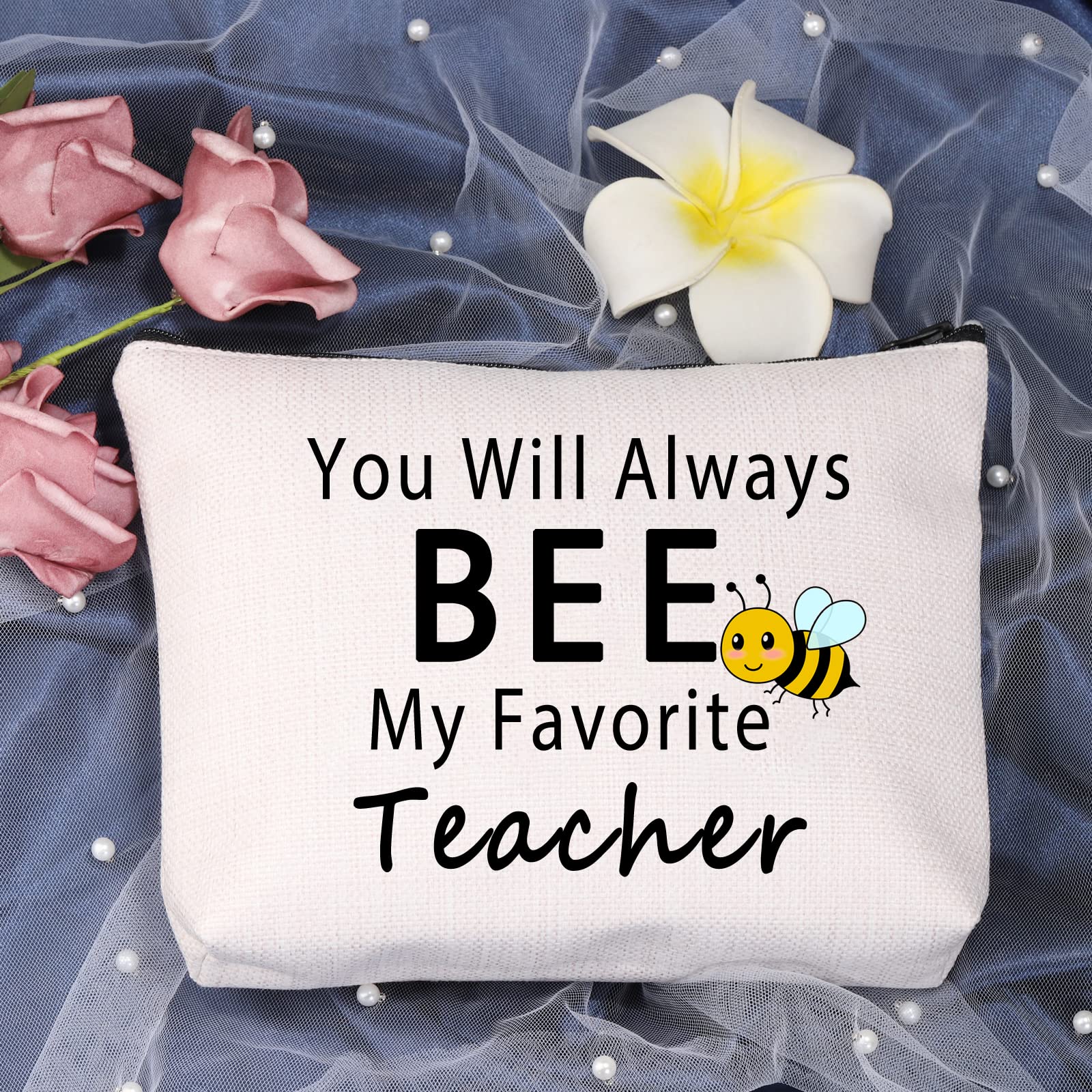 LEVLO Bee Teacher Makeup Bag - Cute Cotton Cosmetic Pouch for Teacher Appreciation Gifts, Best Teacher Gift Idea for Women - Perfect for Classroom Supplies, Travel Essentials & Daily Makeup Storage (You'll Always Bee My Favorite Teacher)