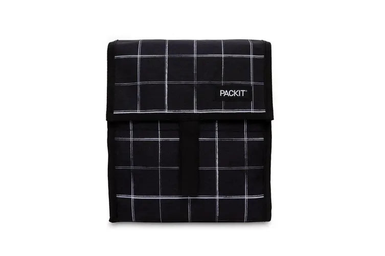 Packit Freezable Lunch Bag - Insulated Cooler for Work, School & Picnics - Black Grid Design - Leakproof & Reusable Lunch Box for Adults & Kids
